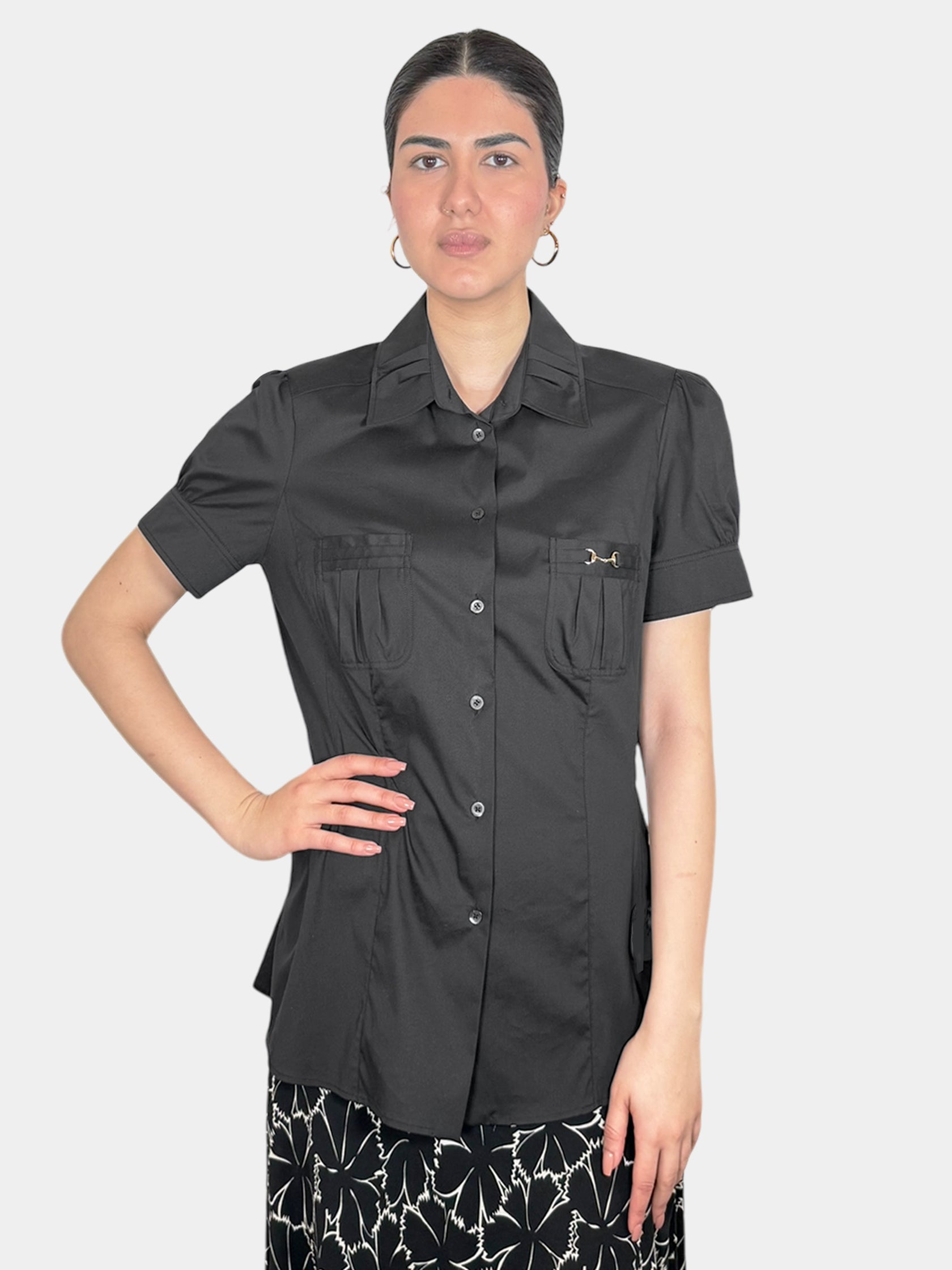 Gucci Black Short Sleeve Button-Up Top with Gold-Tone Horsebit Hardware on Pocket luxury designer resale consignment Toronto