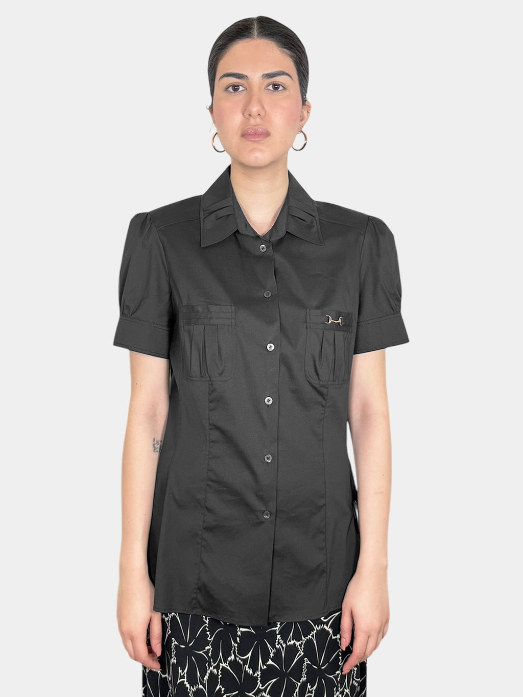 Gucci Black Short Sleeve Button-Up Top with Gold-Tone Horsebit Hardware on Pocket luxury designer resale consignment Toronto