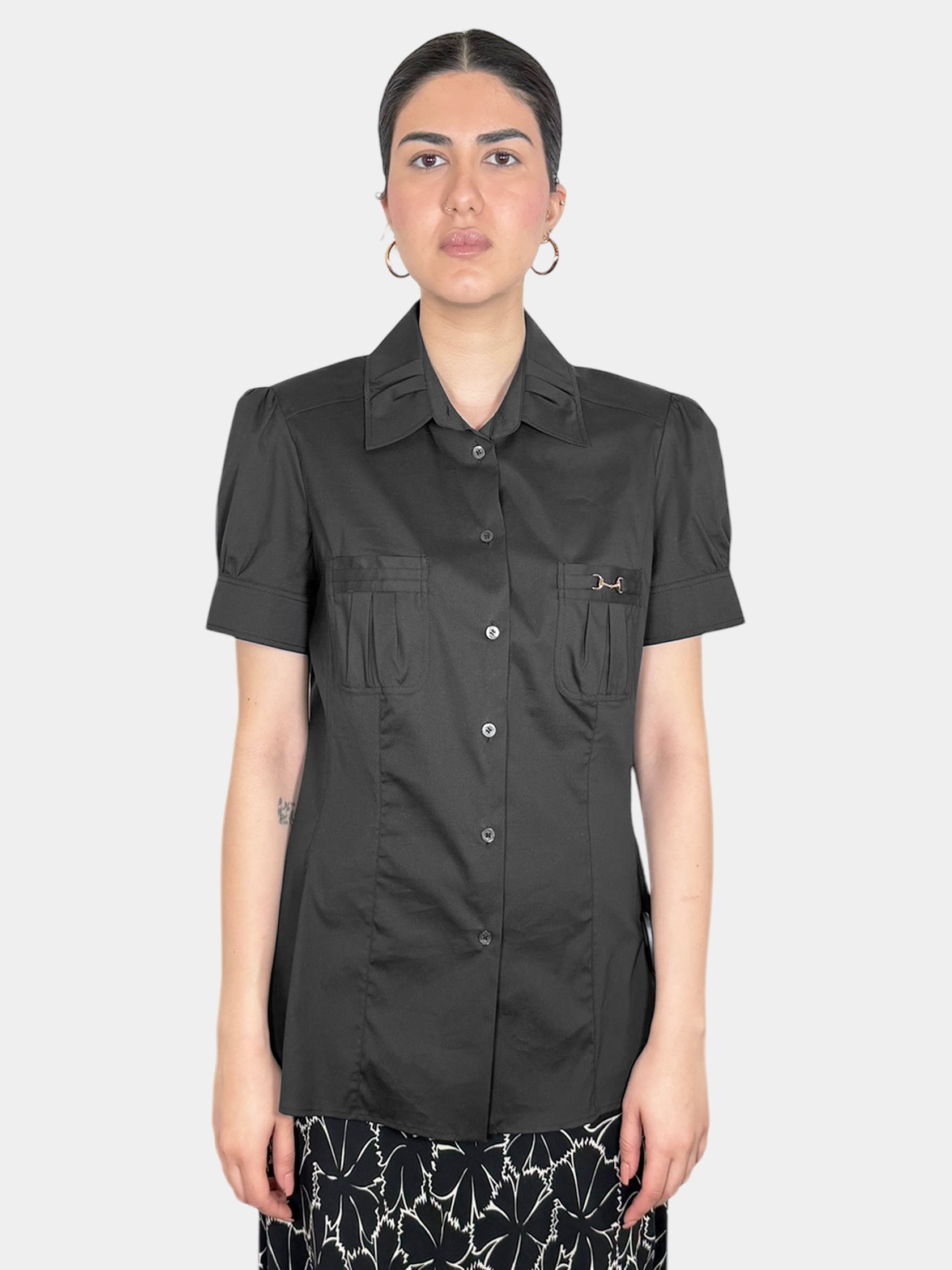 Gucci Black Short Sleeve Button-Up Top with Gold-Tone Horsebit Hardware on Pocket luxury designer resale consignment Toronto