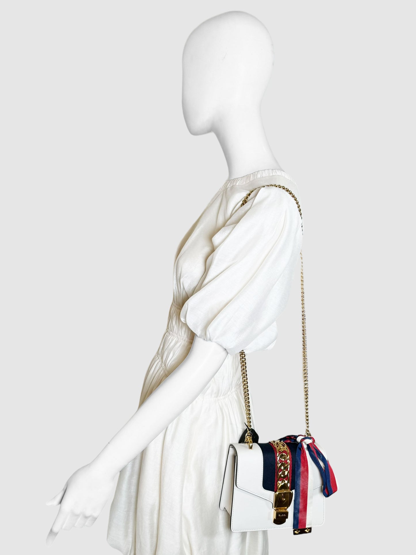 Gucci Cream Sylvie Leather Mini Chain Shoulder Bag Consignment Secondhand Designer Luxury Resale Toronto Trendy