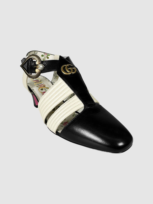 Gucci Black and Off-White Leather GG T-Strap Slingback Pumps with Faux Pearl Accents Size 36.5 Consignment Secondhand Designer Luxury Resale Toronto Trendy