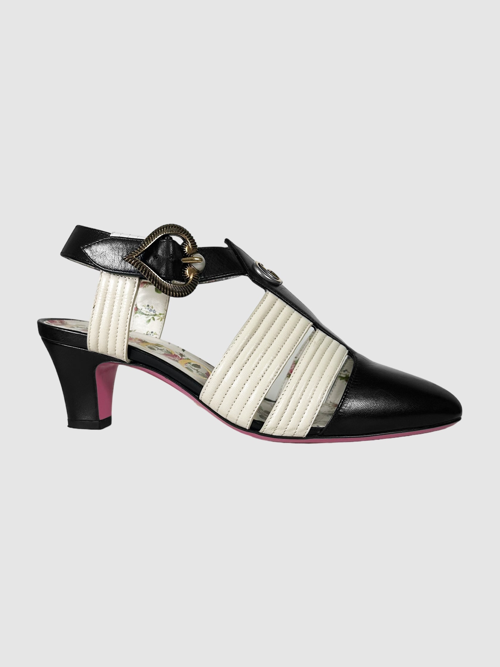 Gucci Black and Off-White Leather GG T-Strap Slingback Pumps with Faux Pearl Accents Size 36.5 Consignment Secondhand Designer Luxury Resale Toronto Trendy