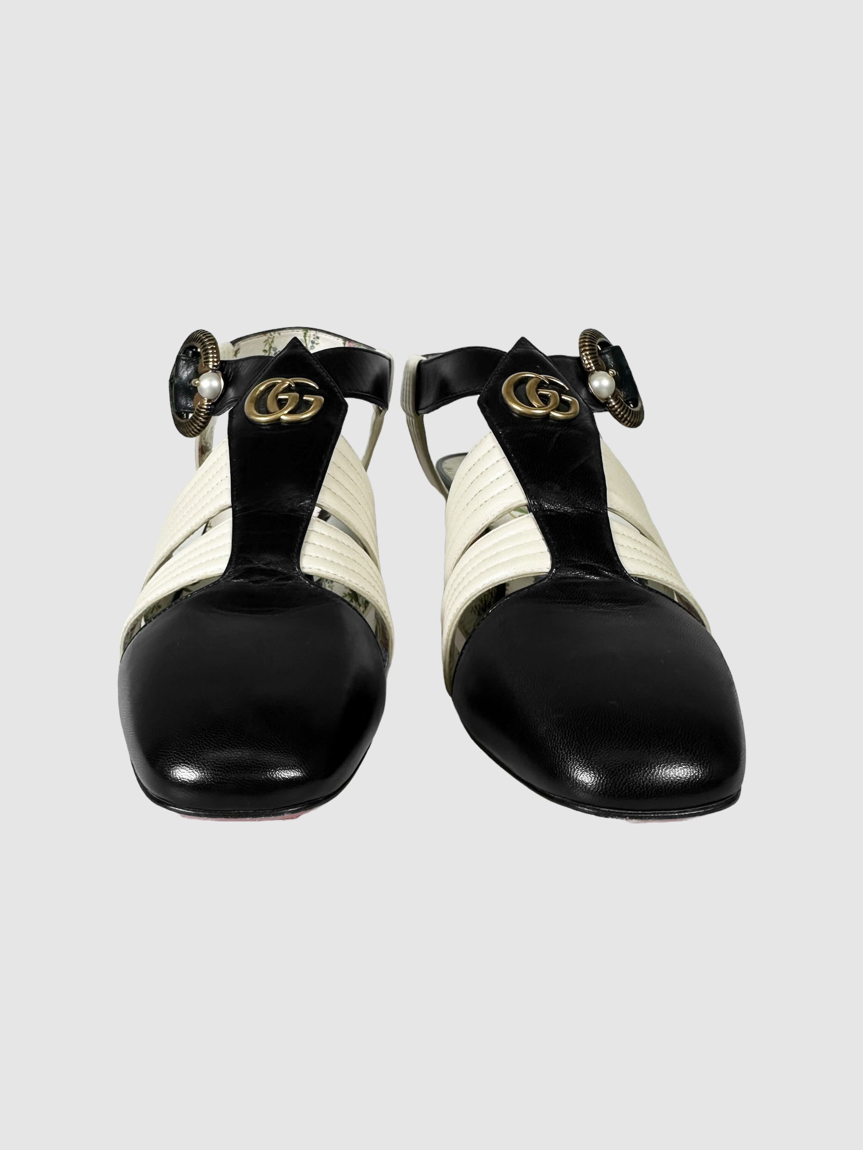 Gucci Black and Off-White Leather GG T-Strap Slingback Pumps with Faux Pearl Accents Size 36.5 Consignment Secondhand Designer Luxury Resale Toronto Trendy