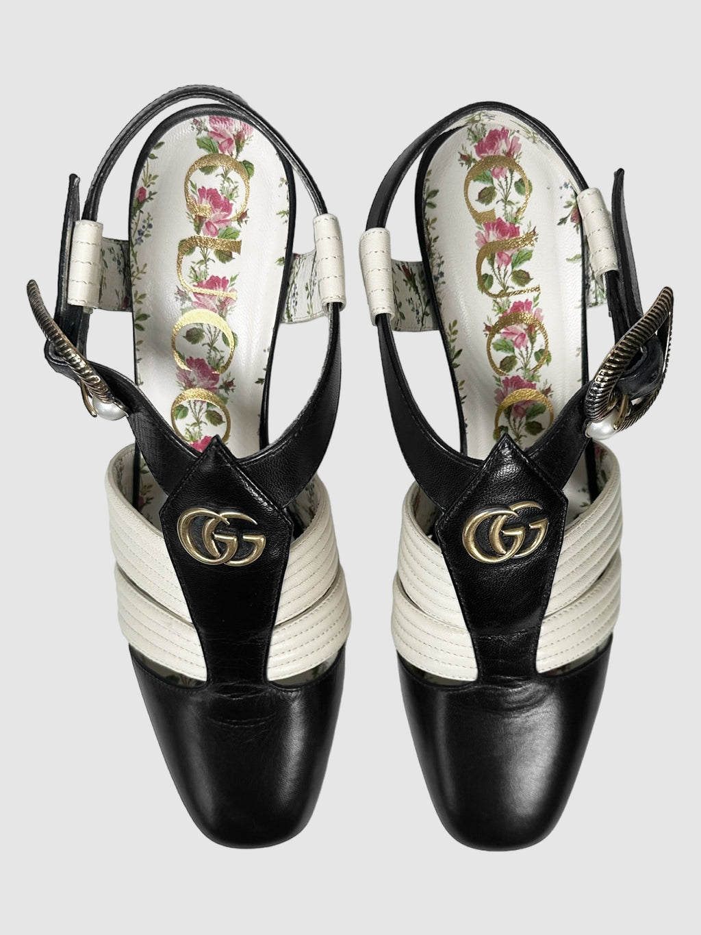 Gucci Black and Off-White Leather GG T-Strap Slingback Pumps with Faux Pearl Accents Size 36.5 Consignment Secondhand Designer Luxury Resale Toronto Trendy