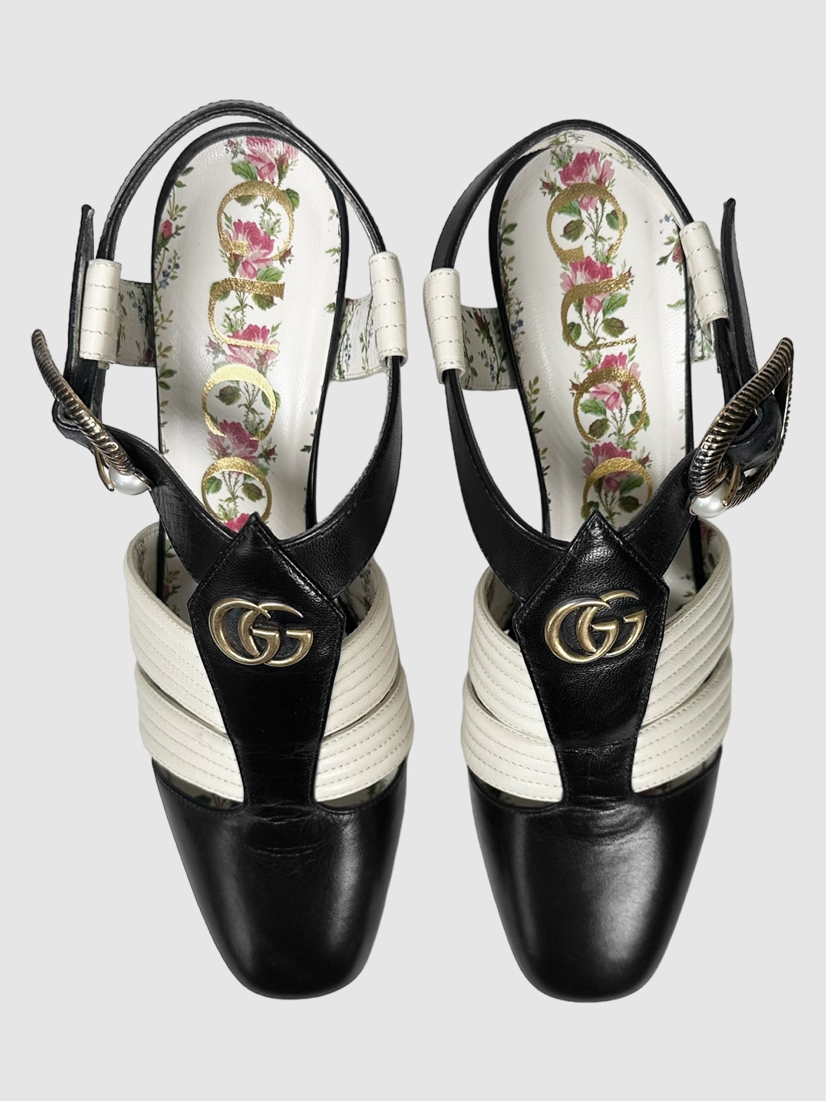 Gucci Black and Off-White Leather GG T-Strap Slingback Pumps with Faux Pearl Accents Size 36.5 Consignment Secondhand Designer Luxury Resale Toronto Trendy