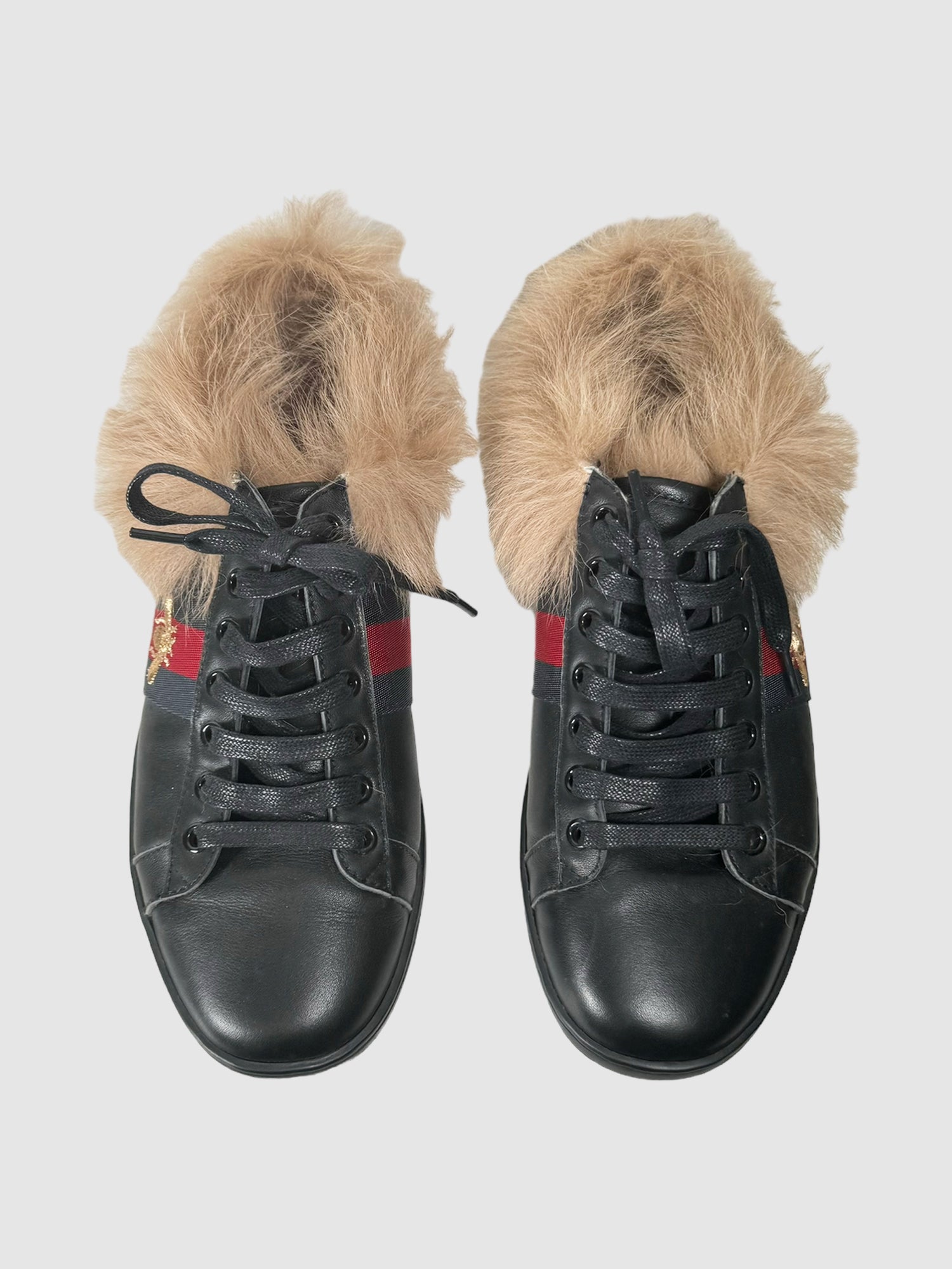 Gucci Black Fur Lined Lace-Up Sneakers with Gold Bee Embroidery Design