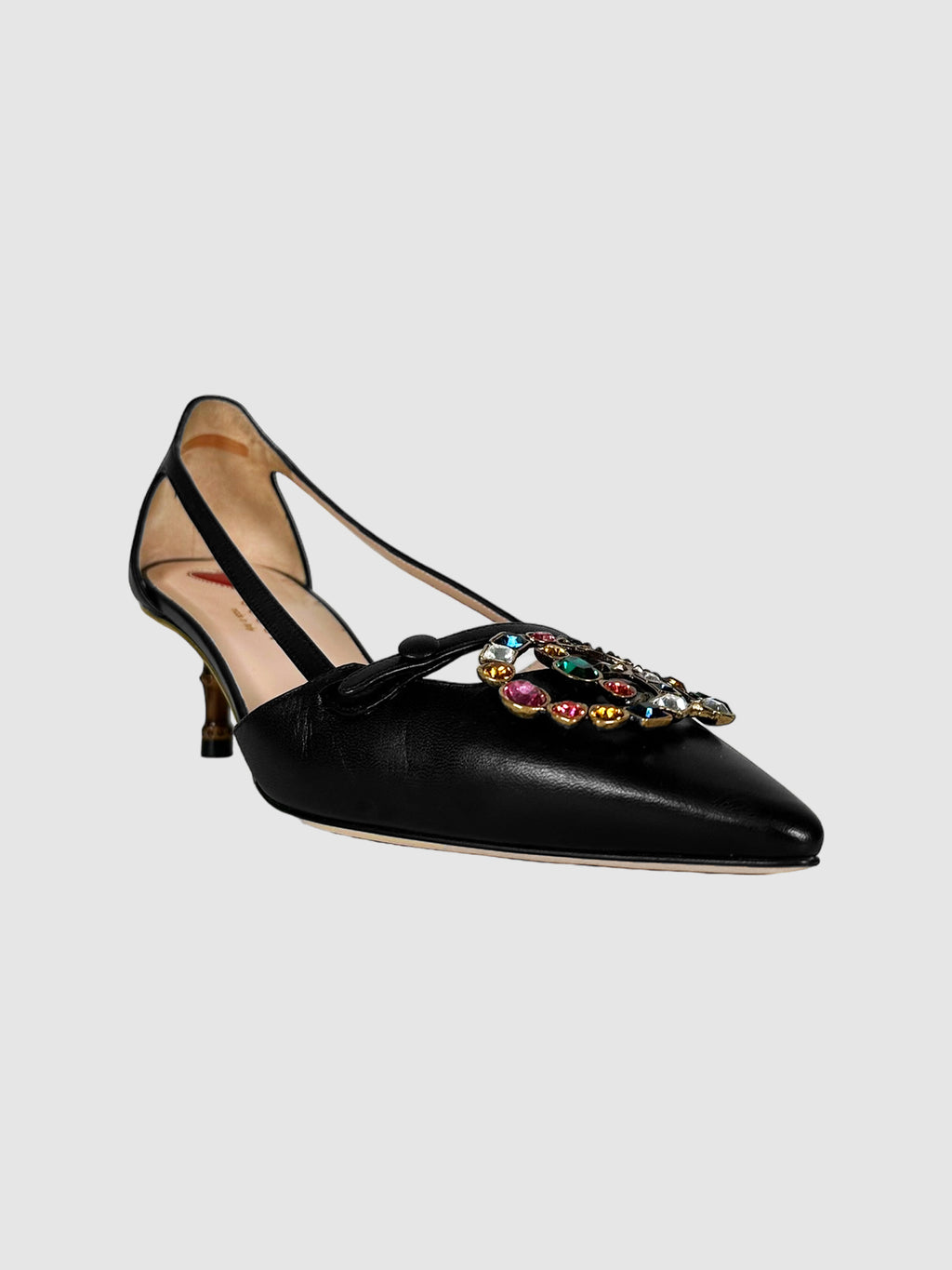 Gucci Black "Unia" Calfskin Leather Crystal GG Kitten Heels Size 37 Consignment Secondhand Designer Luxury Resale Toronto Trendy