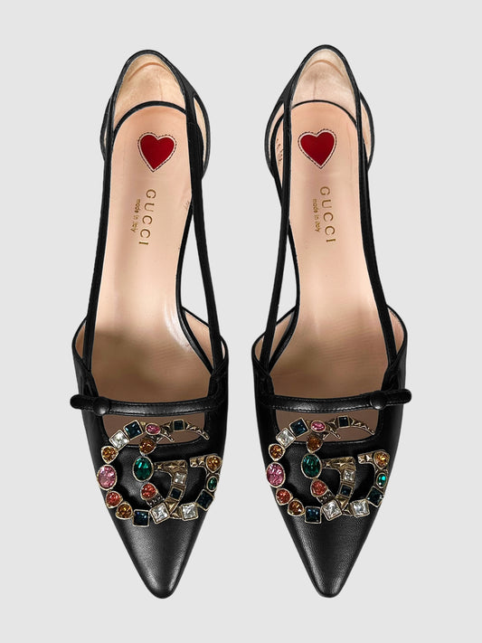 Gucci Black "Unia" Calfskin Leather Crystal GG Kitten Heels Size 37 Consignment Secondhand Designer Luxury Resale Toronto Trendy