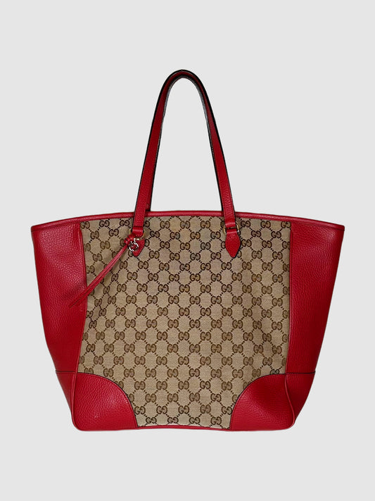 Gucci Leather Trim GG Canvas Medium Bree Tote luxury designer resale consignment secondhand