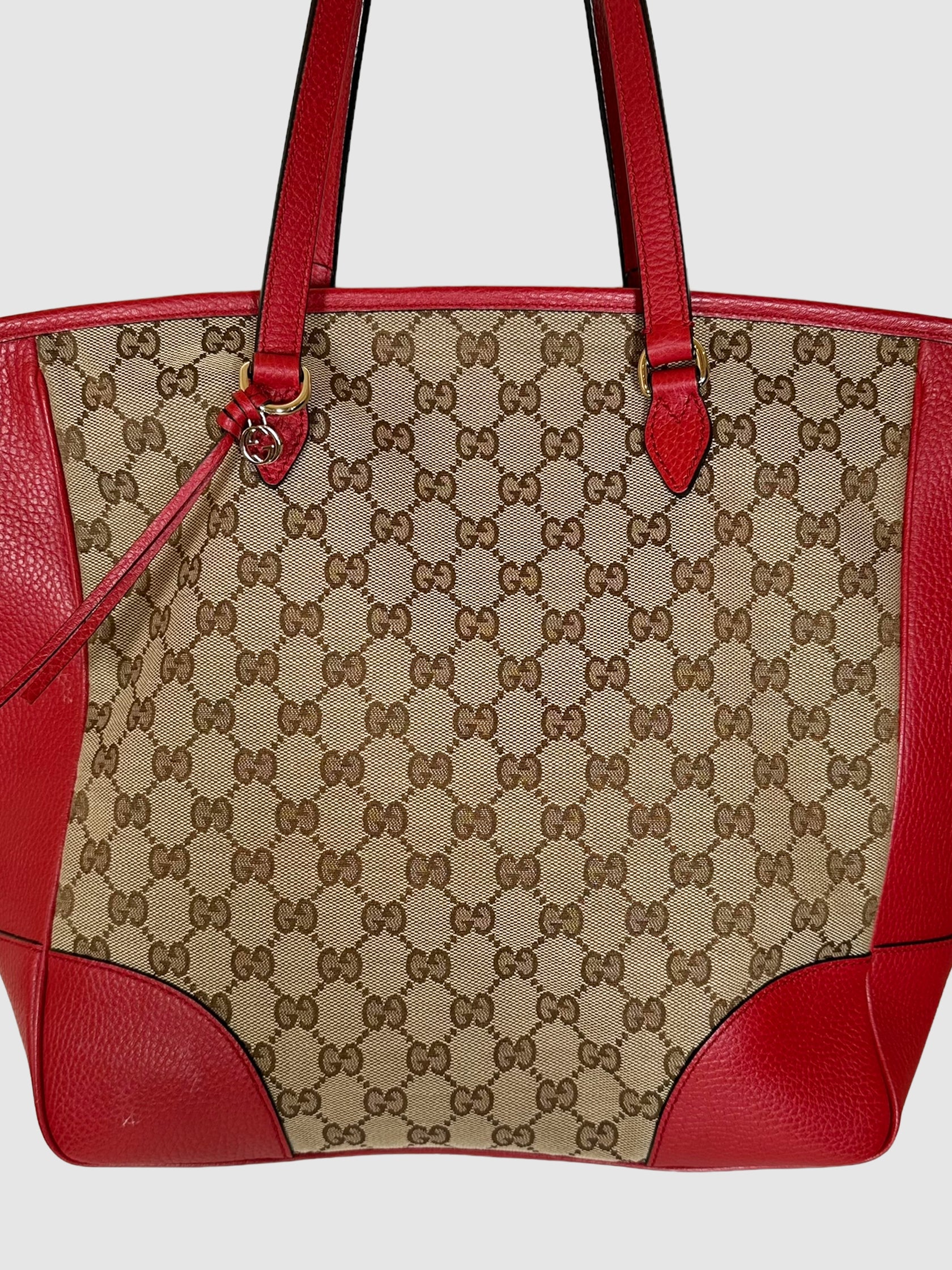 Gucci Leather Trim GG Canvas Medium Bree Tote luxury designer resale consignment secondhand