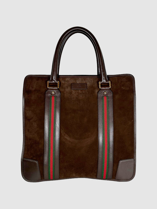 Gucci Brown Large Suede Tote Bag with Green and Red Web Stripe Consignment Secondhand Designer Luxury Resale Toronto Trendy