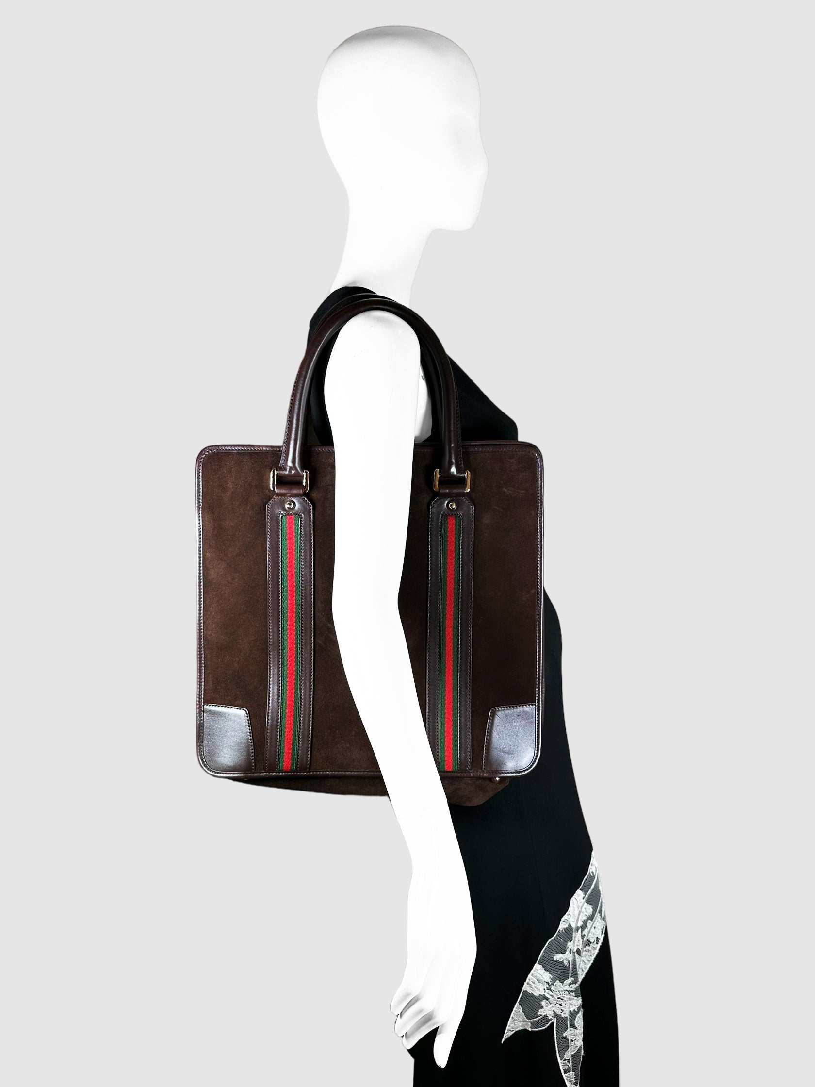 Gucci Brown Large Suede Tote Bag with Green and Red Web Stripe Consignment Secondhand Designer Luxury Resale Toronto Trendy