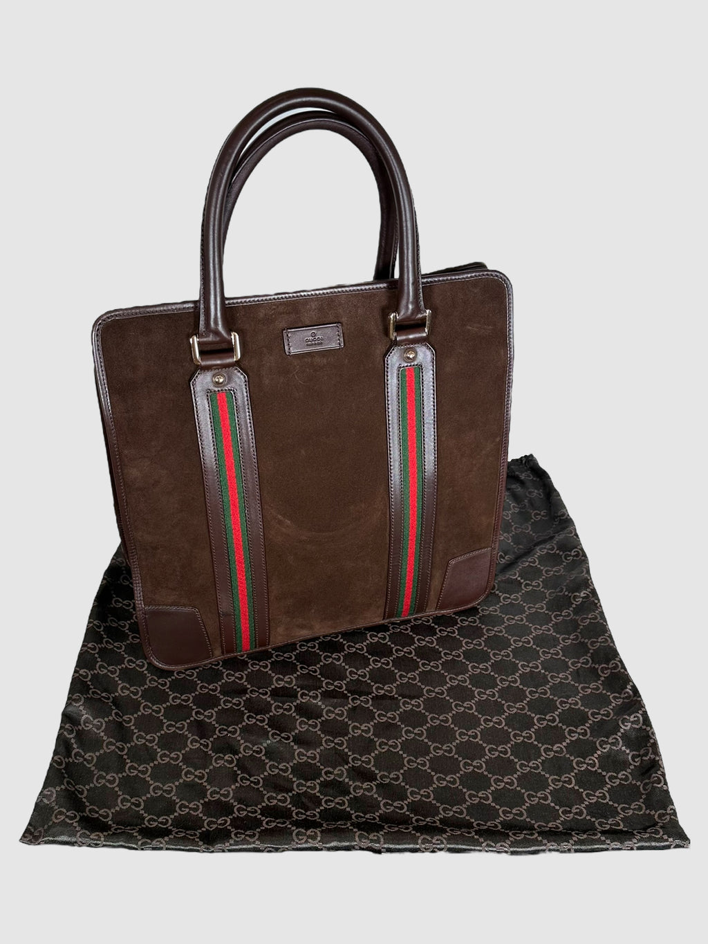 Gucci Brown Large Suede Tote Bag with Green and Red Web Stripe Consignment Secondhand Designer Luxury Resale Toronto Trendy
