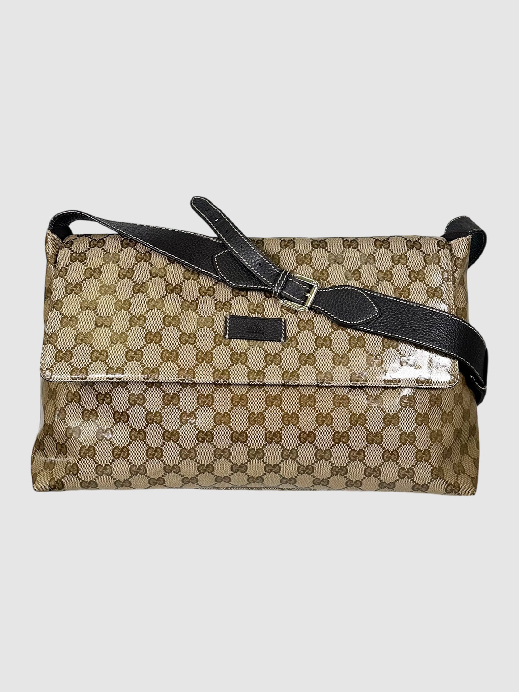 Gucci Brown GG Monogram Crystal-Coated Canvas Large Flap Messenger Bag Luxury Designer Resale Toronto Consignment