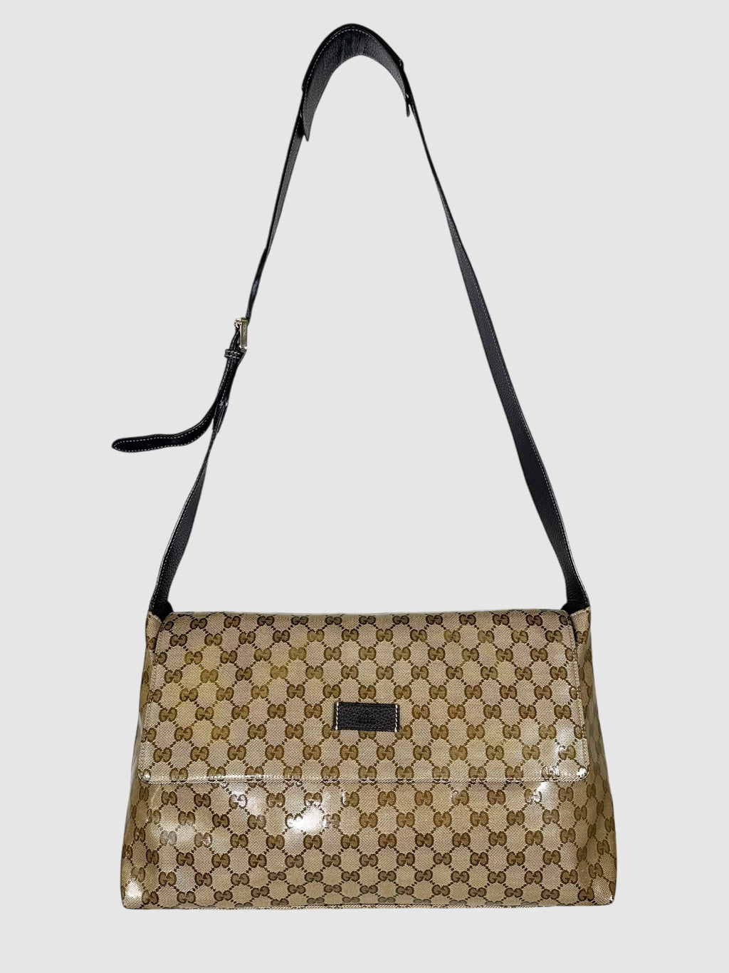 Gucci Brown GG Monogram Crystal-Coated Canvas Large Flap Messenger Bag Luxury Designer Resale Toronto Consignment