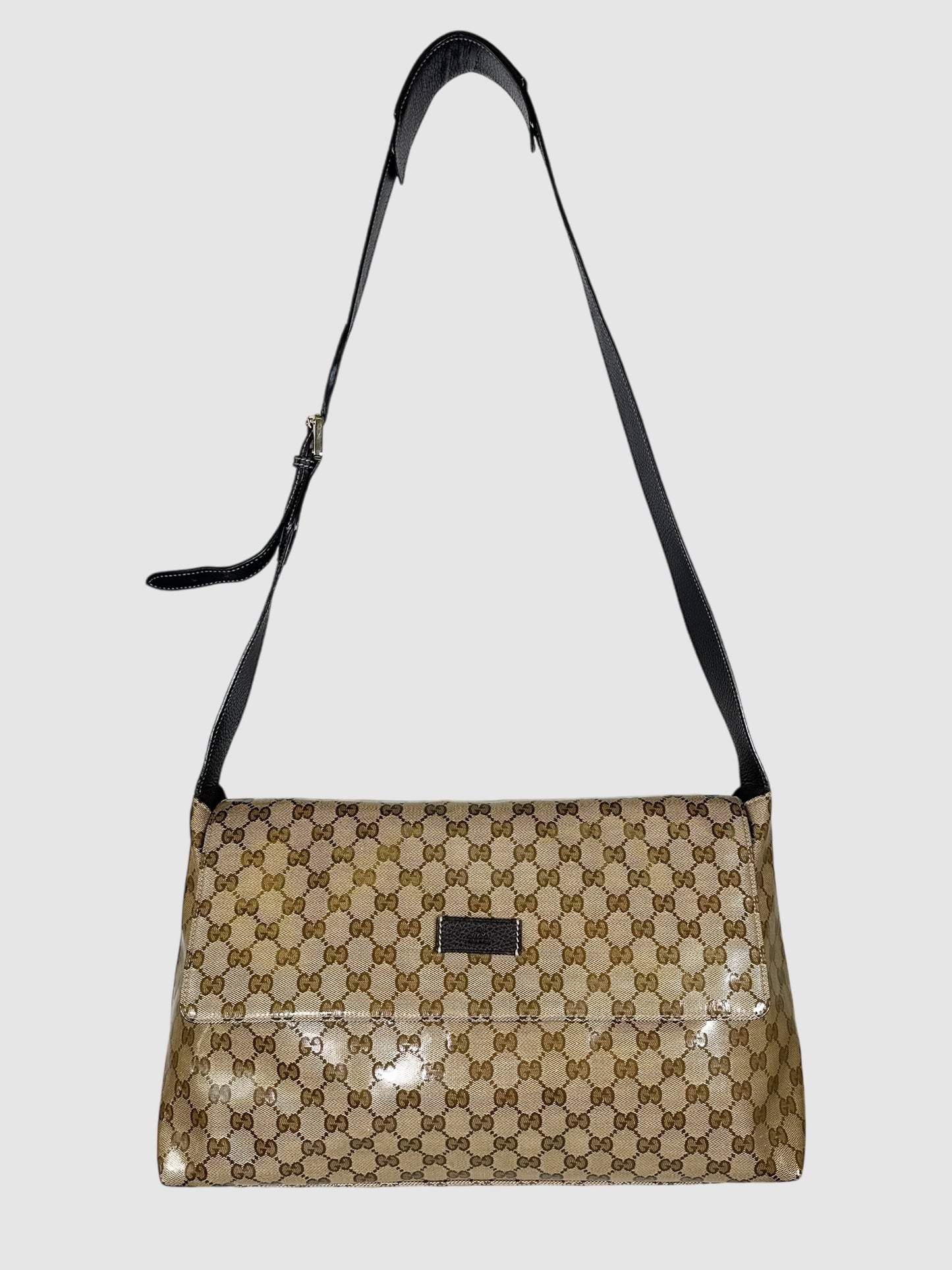 Gucci Brown GG Monogram Crystal-Coated Canvas Large Flap Messenger Bag Luxury Designer Resale Toronto Consignment