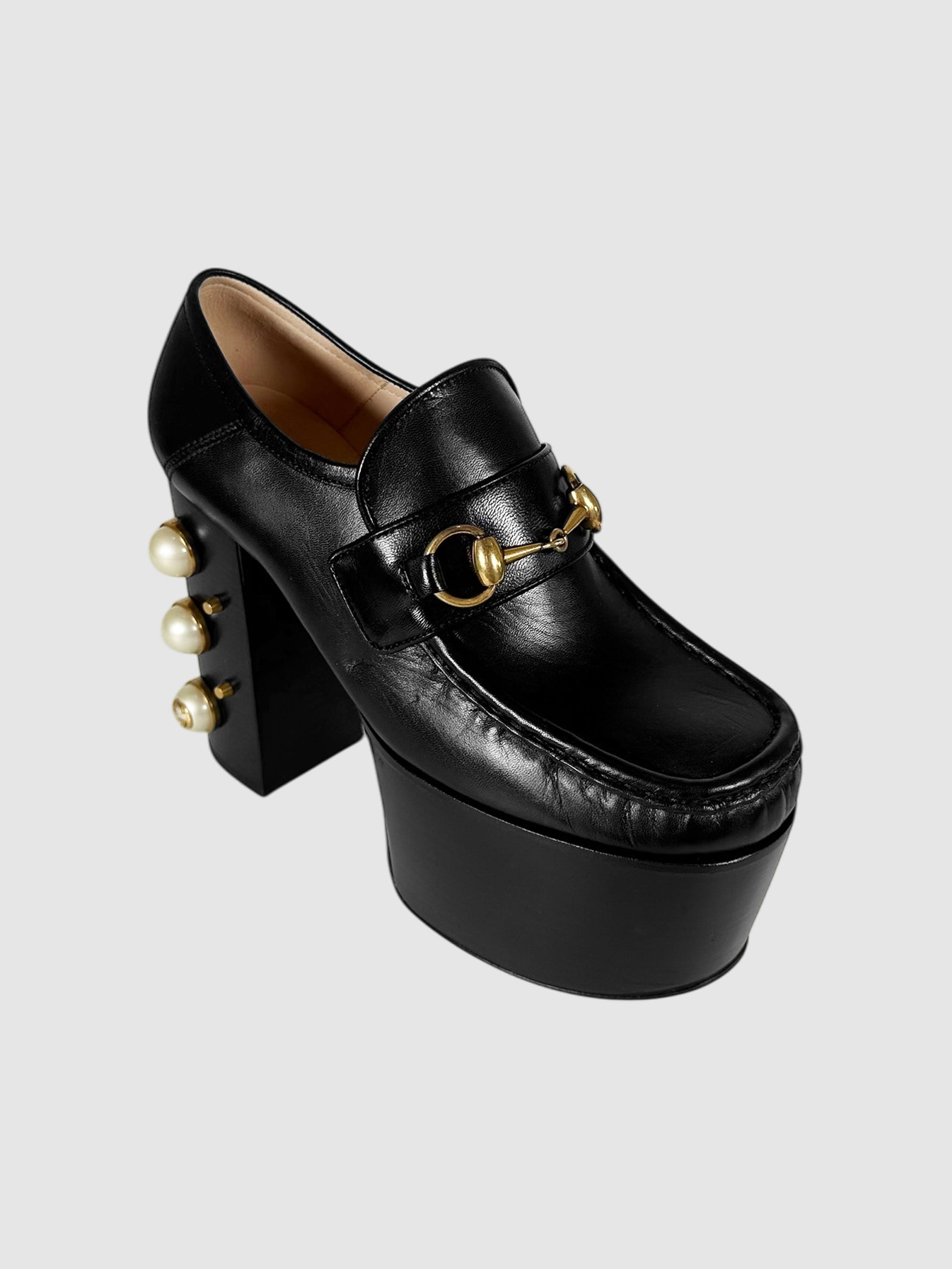 Gucci Black Leather Horsebit Pearl-Studded Malaga Kid Vegas Platform Heeled Loafers - Size 36.5 Luxury Designer Resale Consignment Toronto Canada