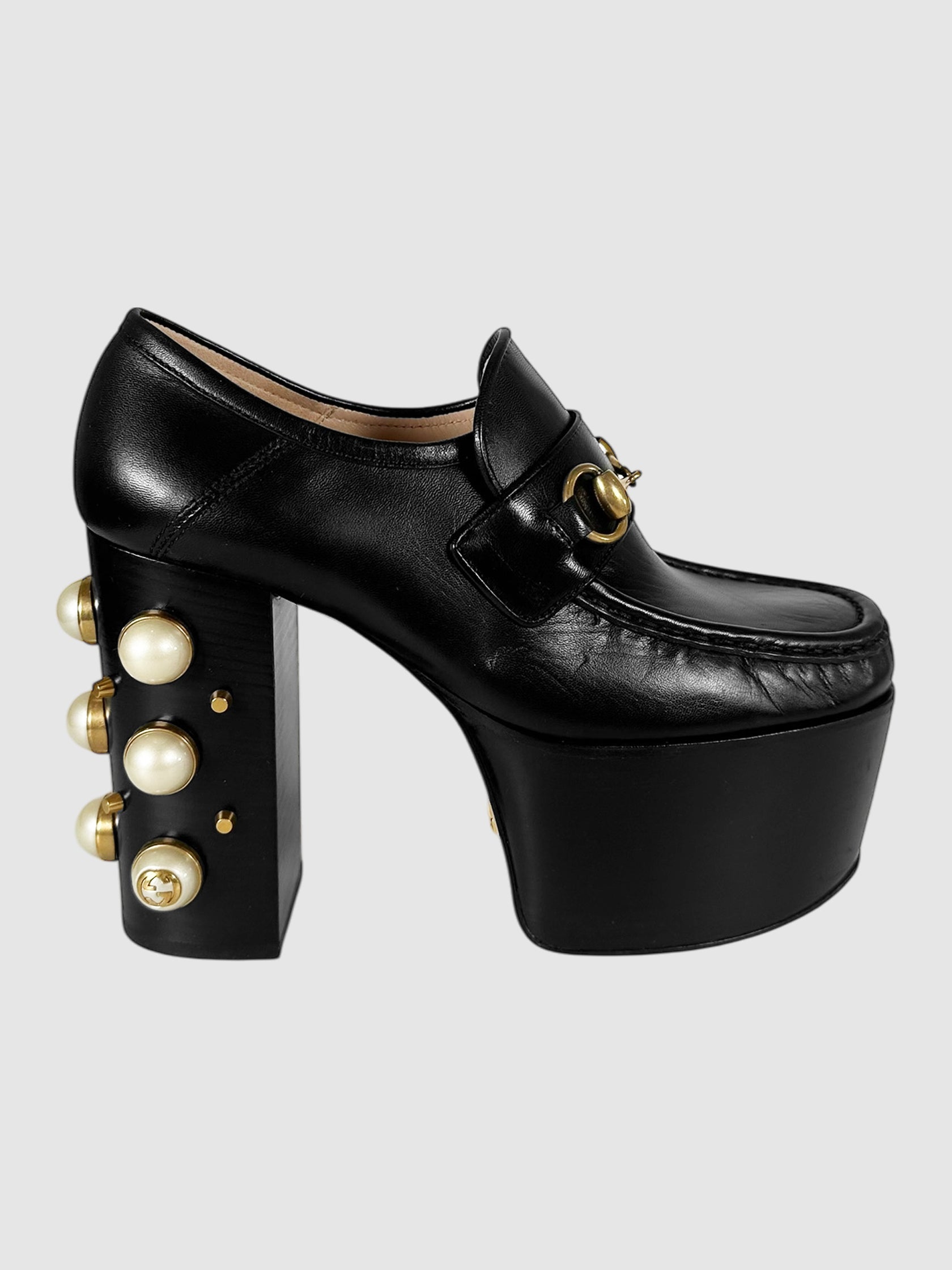 Gucci Black Leather Horsebit Pearl-Studded Malaga Kid Vegas Platform Heeled Loafers - Size 36.5 Luxury Designer Resale Consignment Toronto Canada