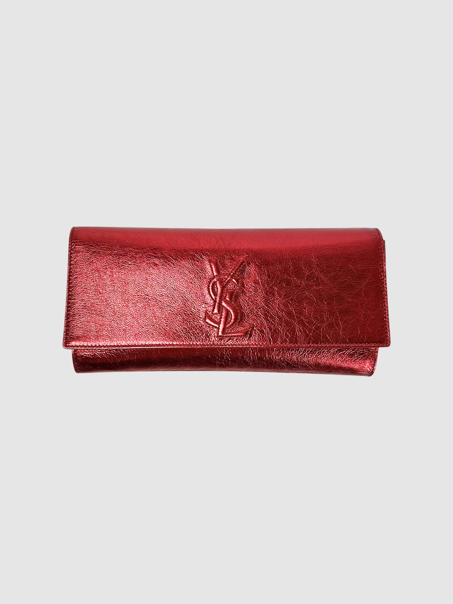 Yves Saint Laurent Red Metallic Patent Leather Belle de Jour Clutch Luxury Designer Resale Consignment Toronto Canada