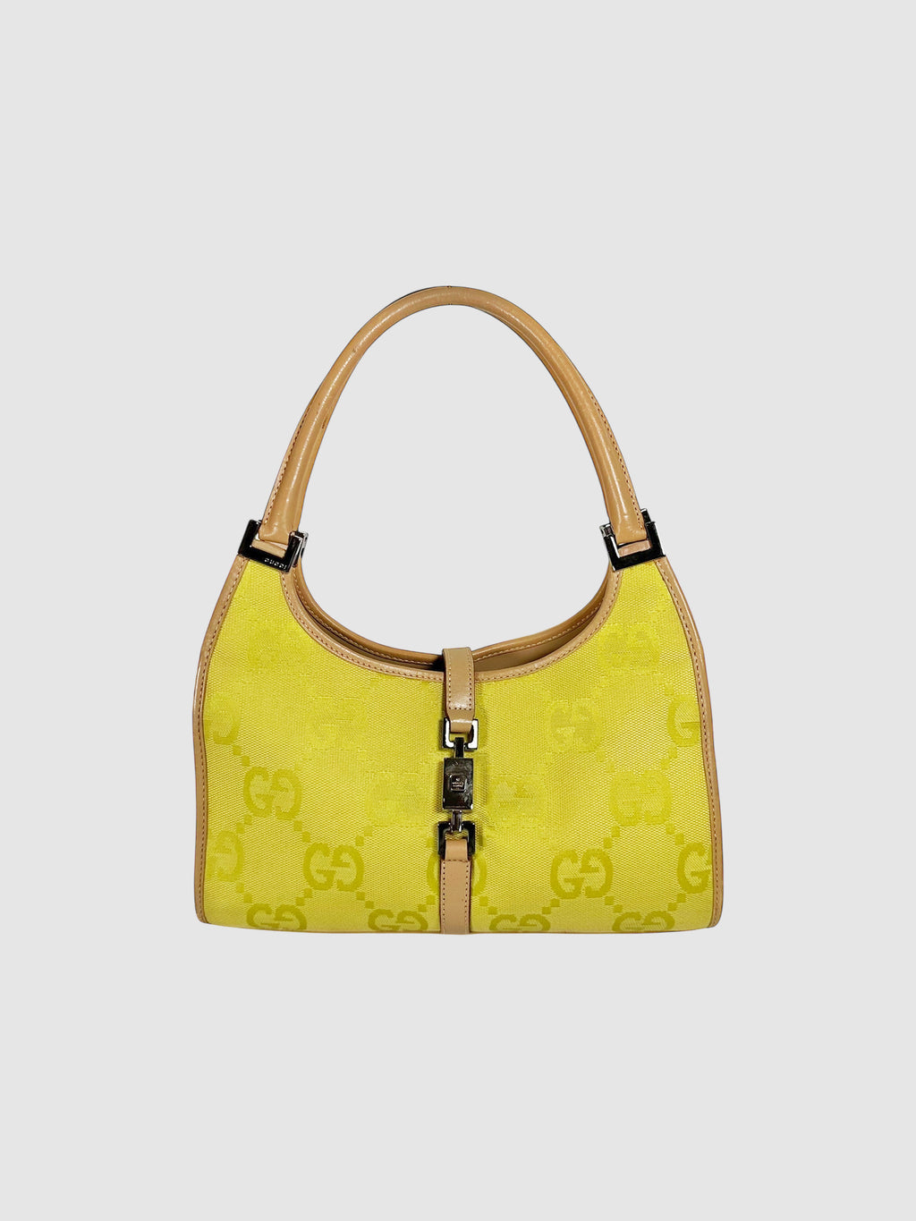 Gucci Lime Green Monogram Canvas and Leather Jackie Shoulder Bag Handbag Luxury Designer Resale Consignment Toronto Canada Secondhand