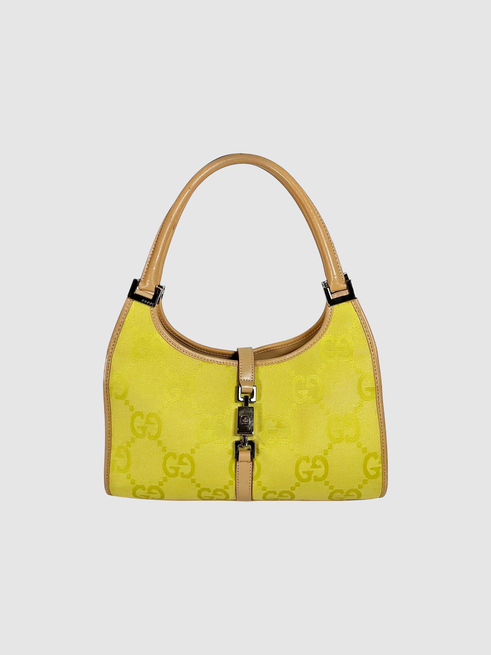 Gucci Lime Green Monogram Canvas and Leather Jackie Shoulder Bag Handbag Luxury Designer Resale Consignment Toronto Canada Secondhand