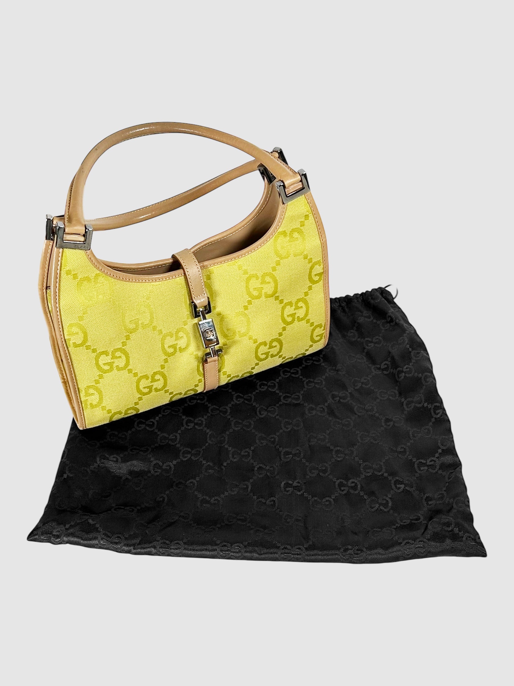 Gucci Lime Green Monogram Canvas and Leather Jackie Shoulder Bag Handbag Luxury Designer Resale Consignment Toronto Canada Secondhand