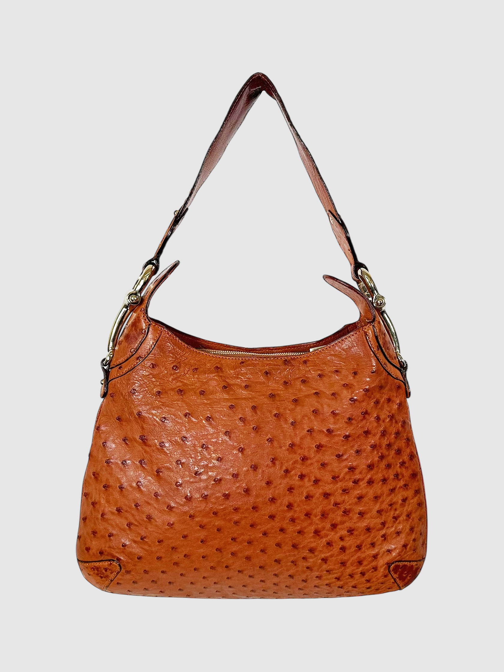 Gucci Brown Ostrich Leather Horsebit Accent Bag Luxury Designer Resale Consignment Toronto Secondhand