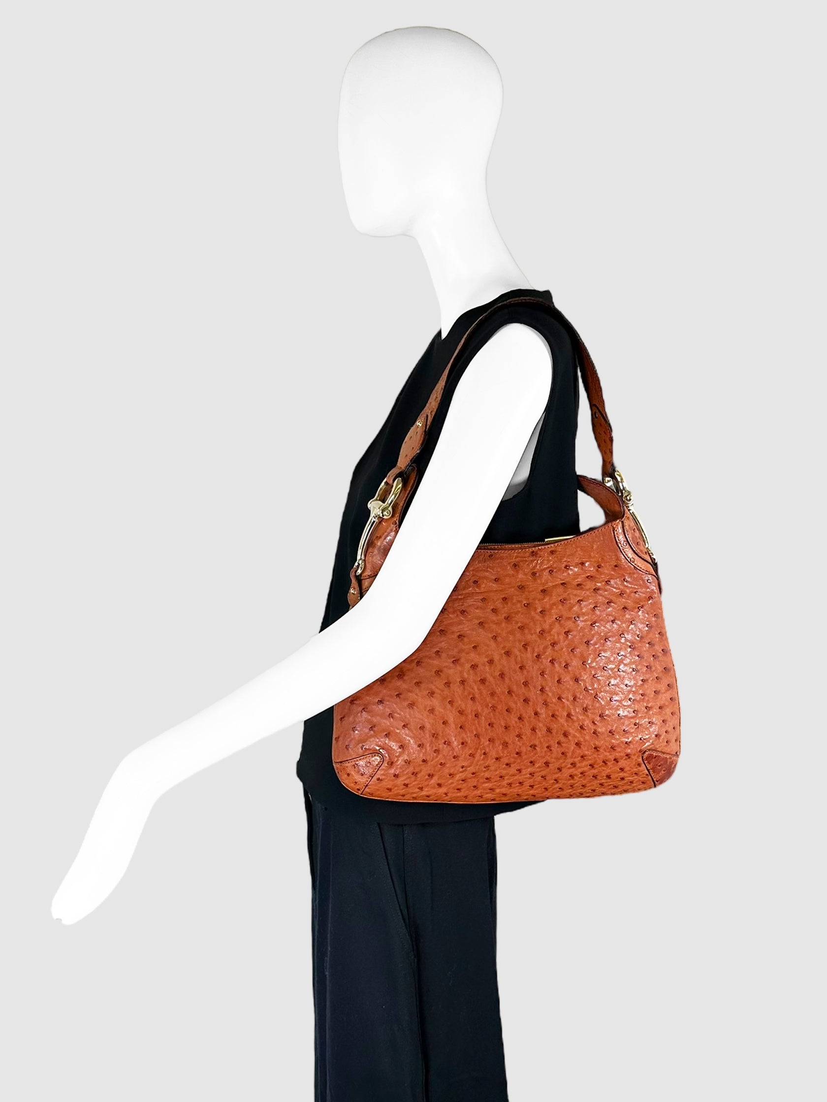 Gucci Brown Ostrich Leather Horsebit Accent Bag Luxury Designer Resale Consignment Toronto Secondhand