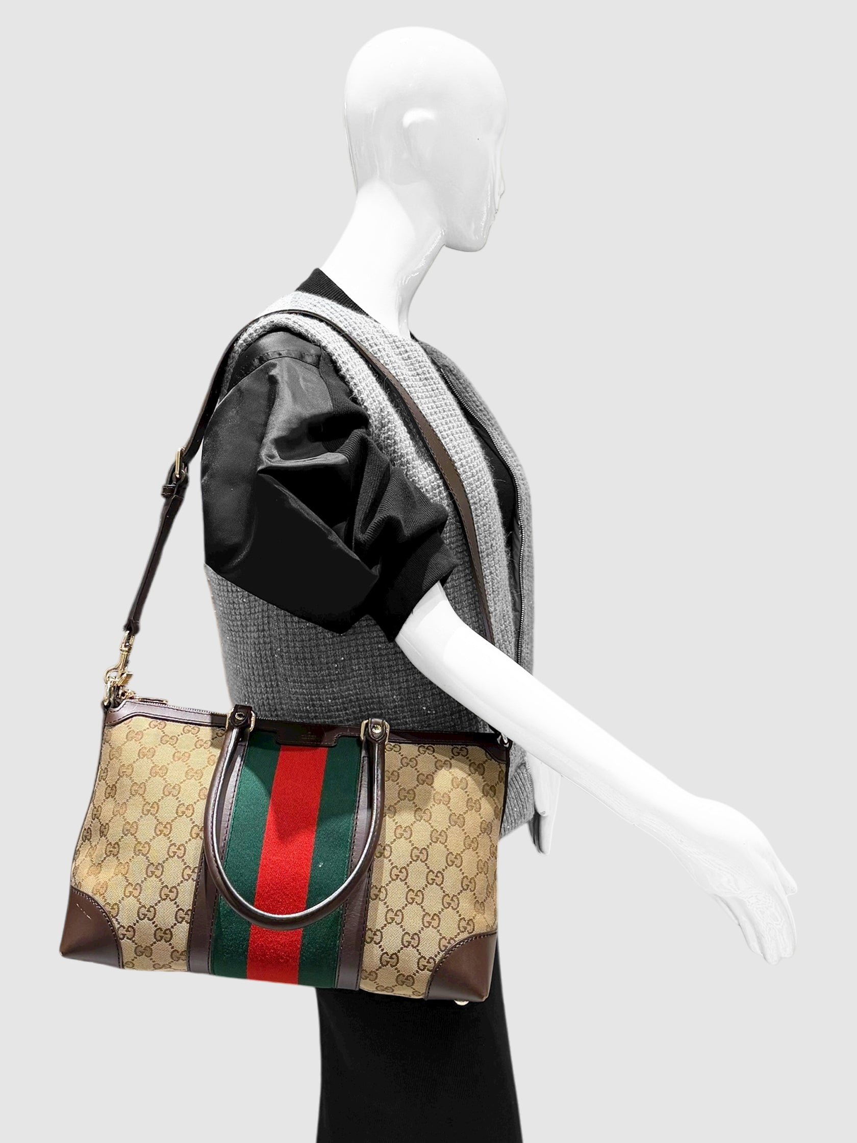 Gucci Beige Canvas and Leather Monogram Shoulder Bag with Vintage Web Stripe Luxury Designer Resale Consignment Toronto Canada