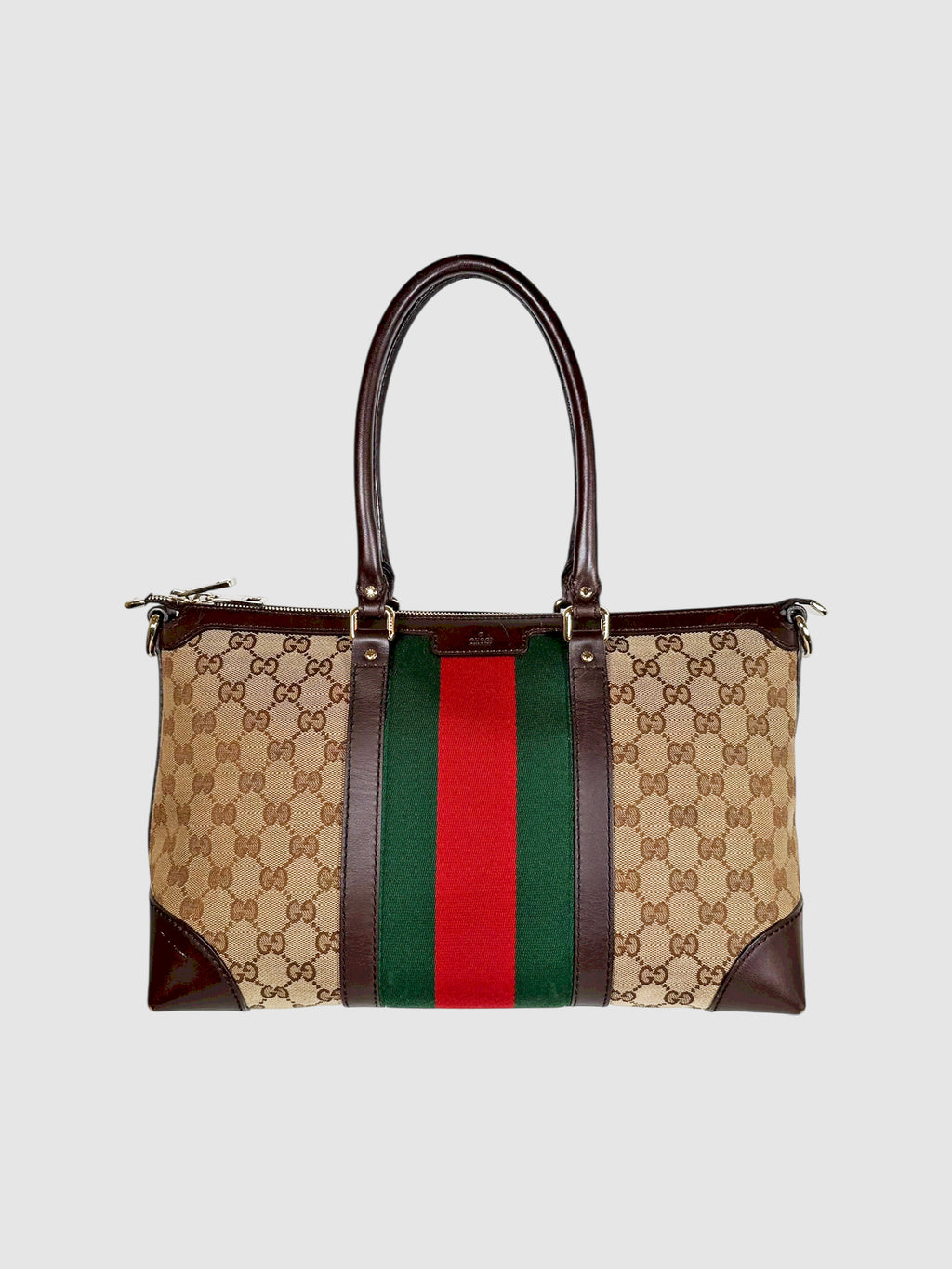 Gucci Beige Canvas and Leather Monogram Shoulder Bag with Vintage Web Stripe Luxury Designer Resale Consignment Toronto Canada