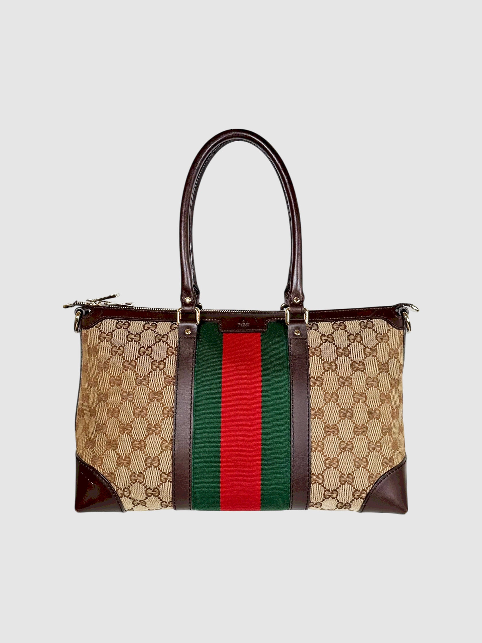 Gucci Beige Canvas and Leather Monogram Shoulder Bag with Vintage Web Stripe Luxury Designer Resale Consignment Toronto Canada