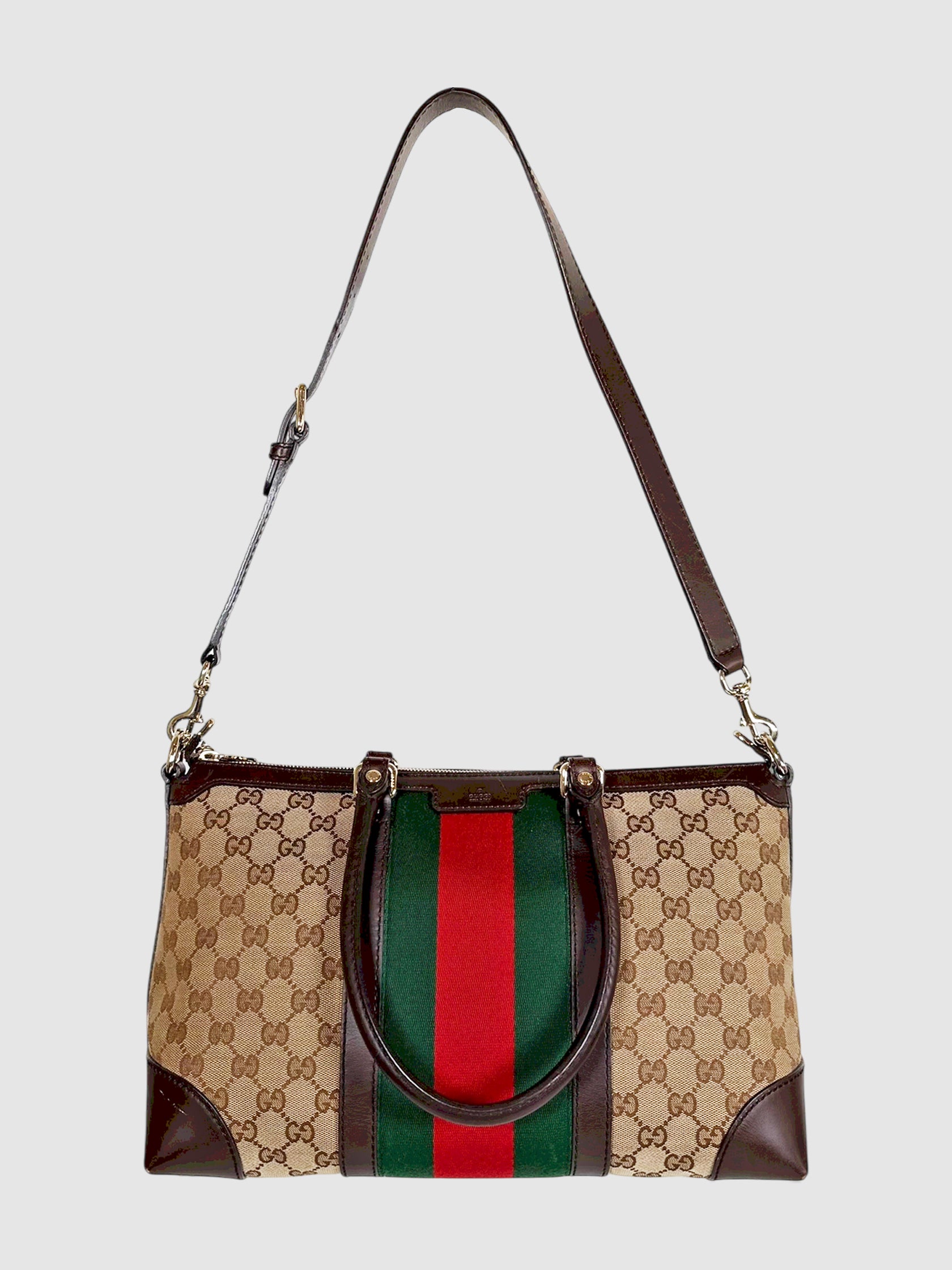 Gucci Beige Canvas and Leather Monogram Shoulder Bag with Vintage Web Stripe Luxury Designer Resale Consignment Toronto Canada