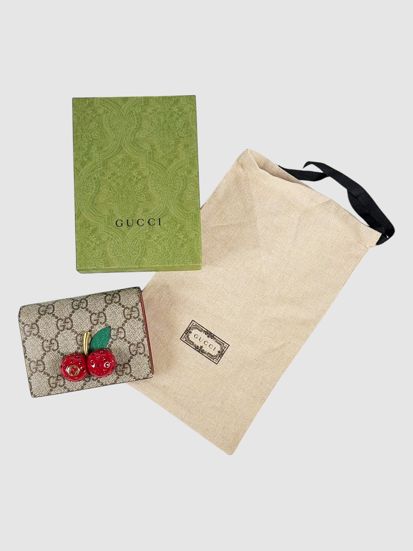 Gucci Beige GG Canvas Cherry Compact Bi-Fold Wallet Luxury Designer Resale Consignment Toronto Accessories