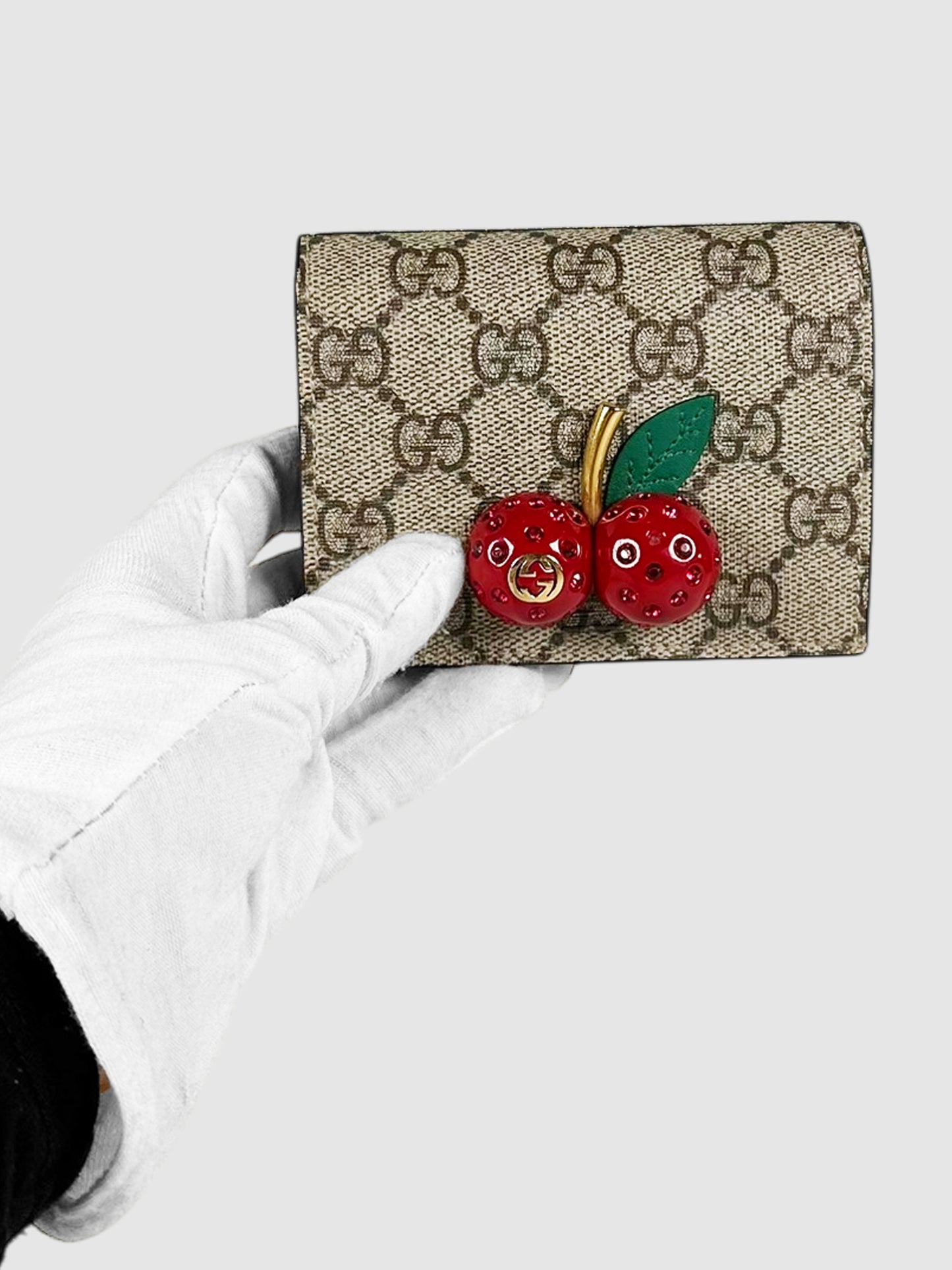 Gucci Beige GG Canvas Cherry Compact Bi-Fold Wallet Luxury Designer Resale Consignment Toronto Accessories