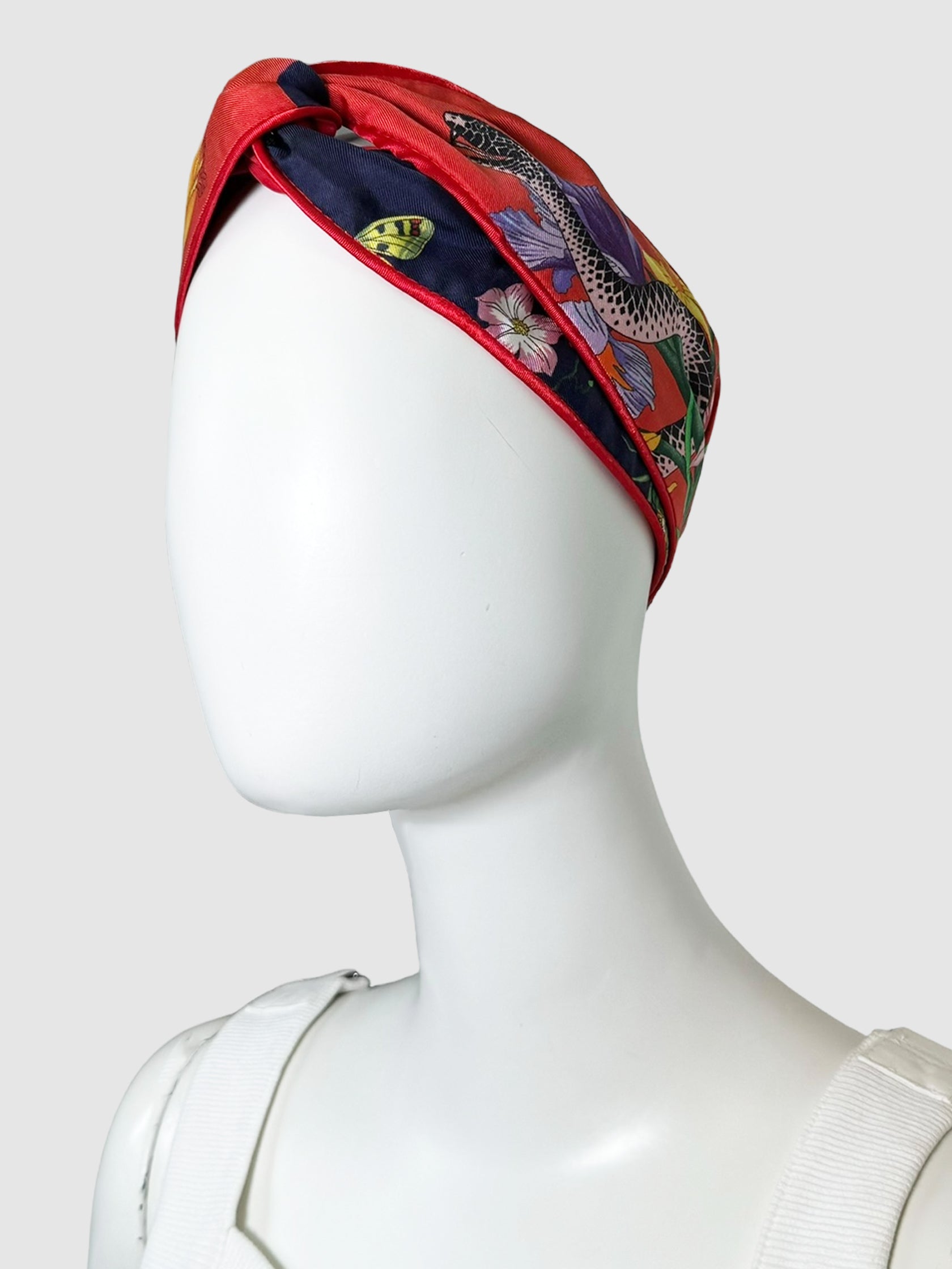 Gucci Multicolour Floral and Snake Print Silk Headband Consignment Secondhand Designer Luxury Resale Toronto Trendy
