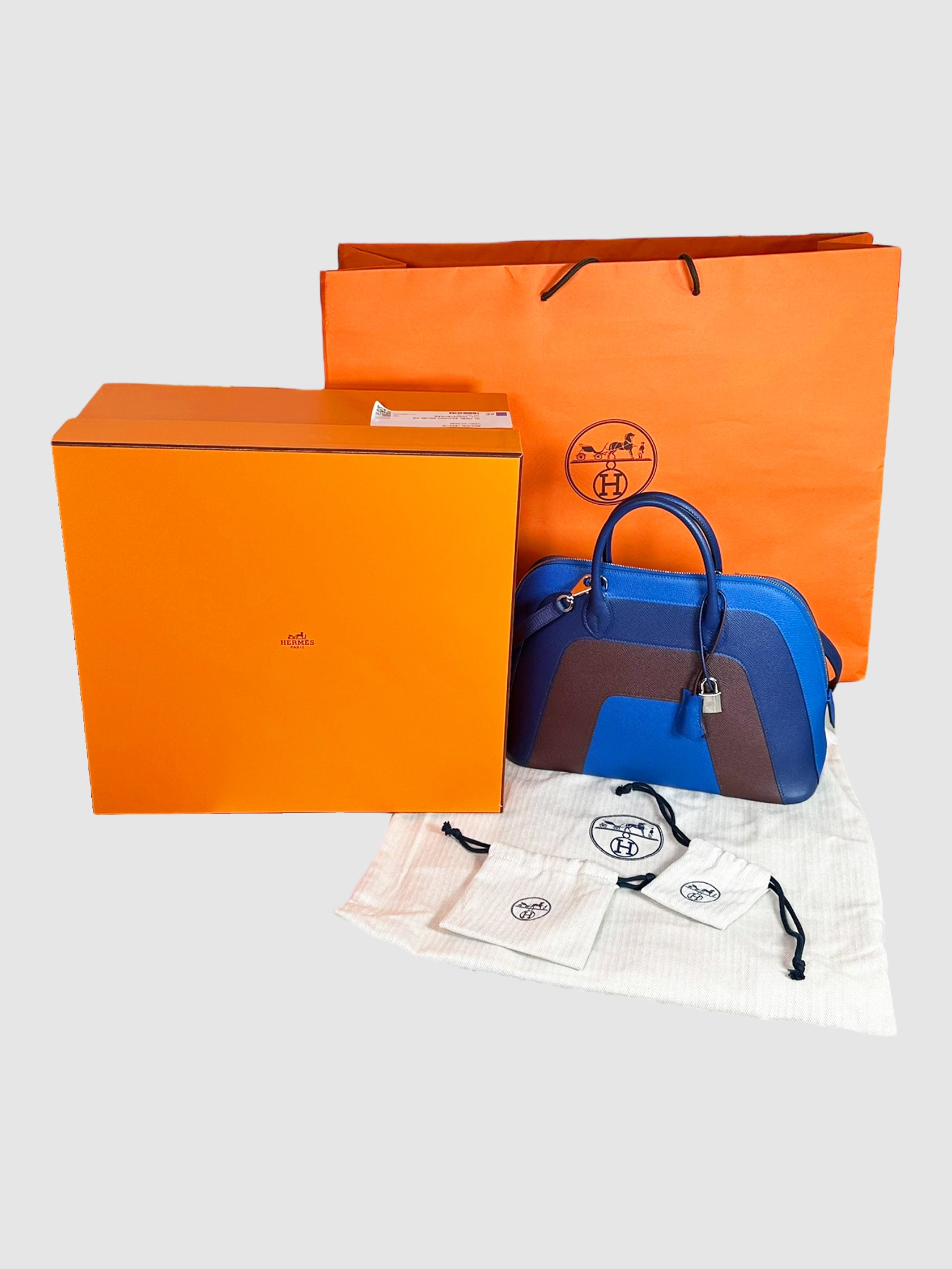 Hermès Blue and Brown Epsom Leather Rainbow Bolide 1923 30 Bag Luxury Designer Resale Consignment Secondhand Toronto