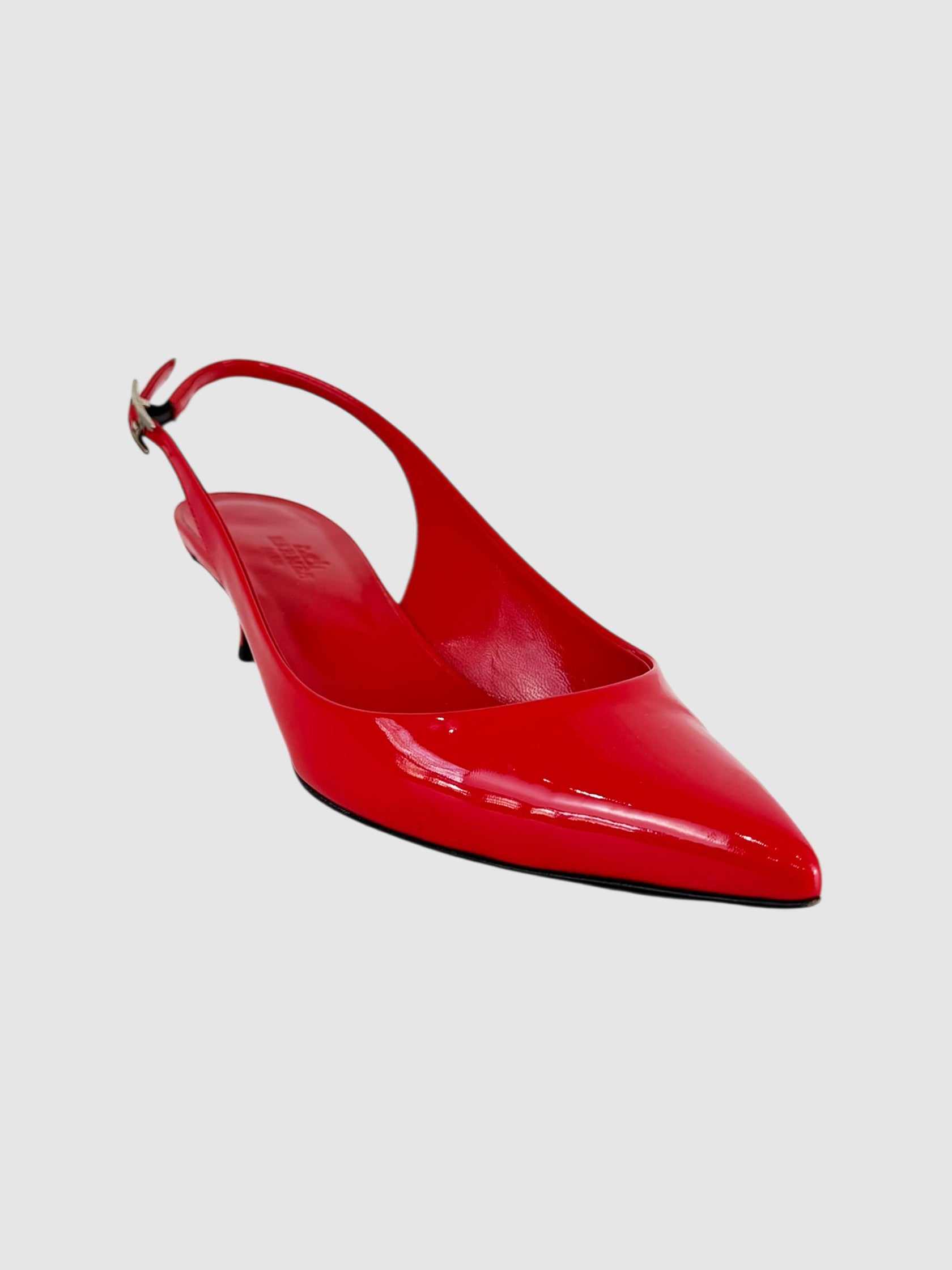 Hermès Red Patent Leather Sling Back Kitten Heels, Size 36 Luxury Designer Resale Consignment Toronto Secondhand Shoes Trendy Pumps