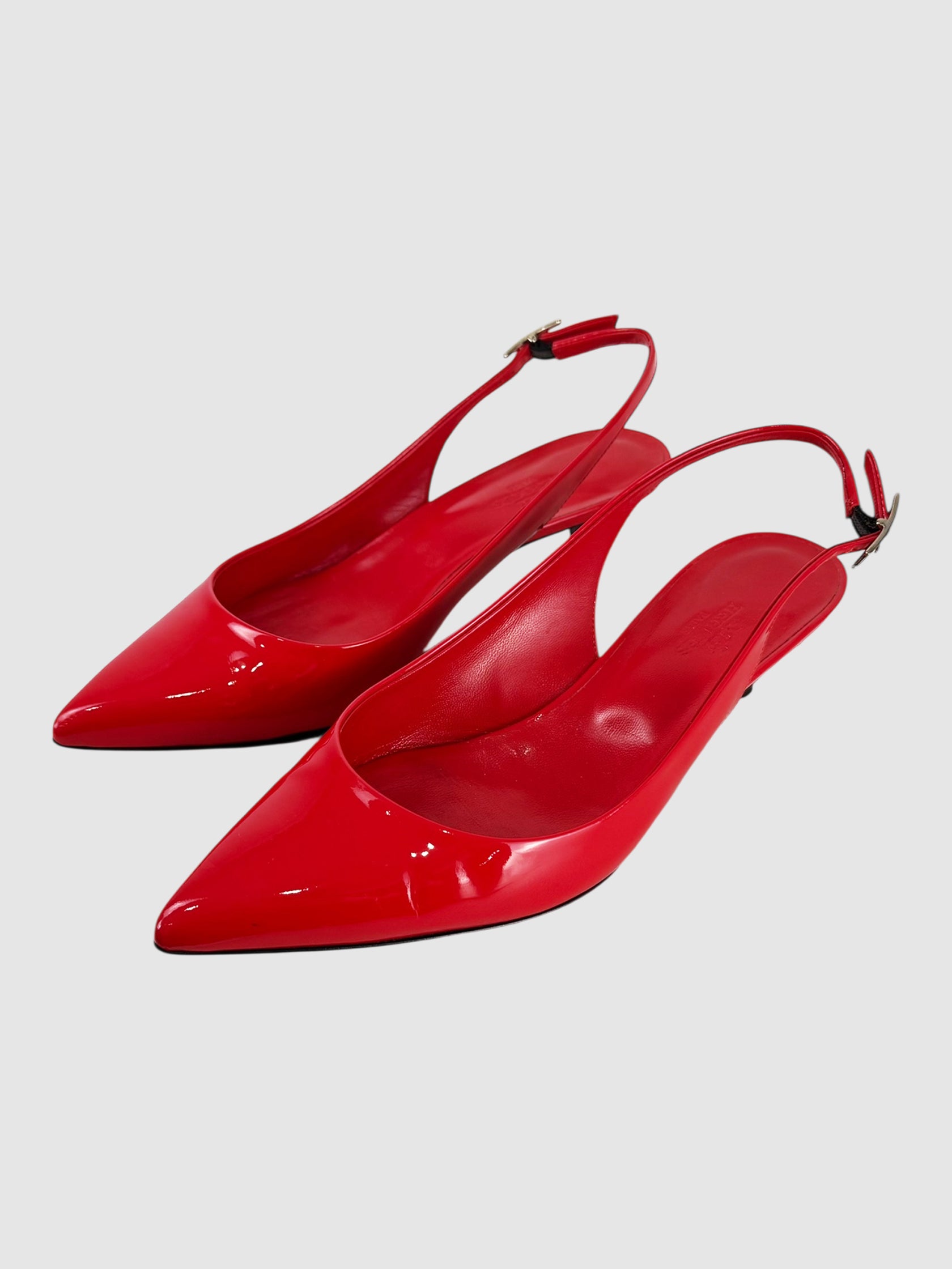Hermès Red Patent Leather Sling Back Kitten Heels, Size 36 Luxury Designer Resale Consignment Toronto Secondhand Shoes Trendy Pumps
