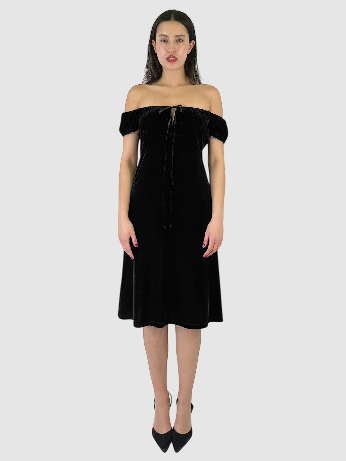 Bow Detail Velvet Midi Dress - Size L