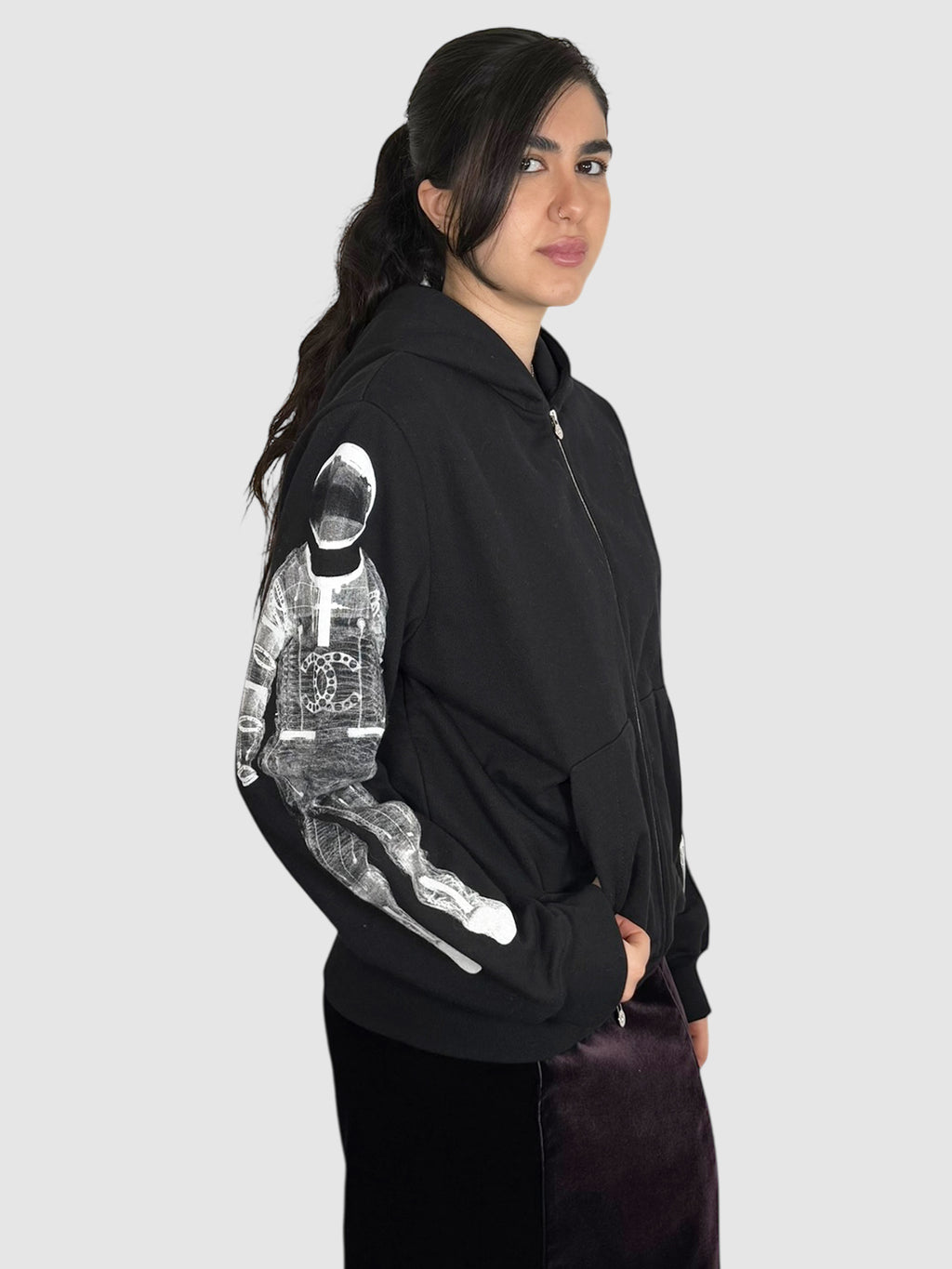 Chanel 2017 Black and White Astronaut Zip-Up Hoodie, Size 46 Luxury designer resale consignment Toronto Canada secondhand 