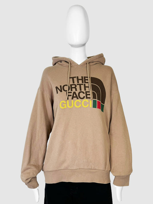 The North Face x Gucci Tan Brown with Dark Brown and Yellow 2021 Cotton Graphic Hoodie Size Small Consignment Secondhand Designer Luxury Resale Toronto Trendy