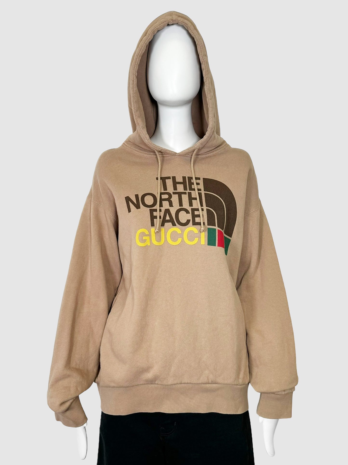 The North Face x Gucci Tan Brown with Dark Brown and Yellow 2021 Cotton Graphic Hoodie Size Small Consignment Secondhand Designer Luxury Resale Toronto Trendy