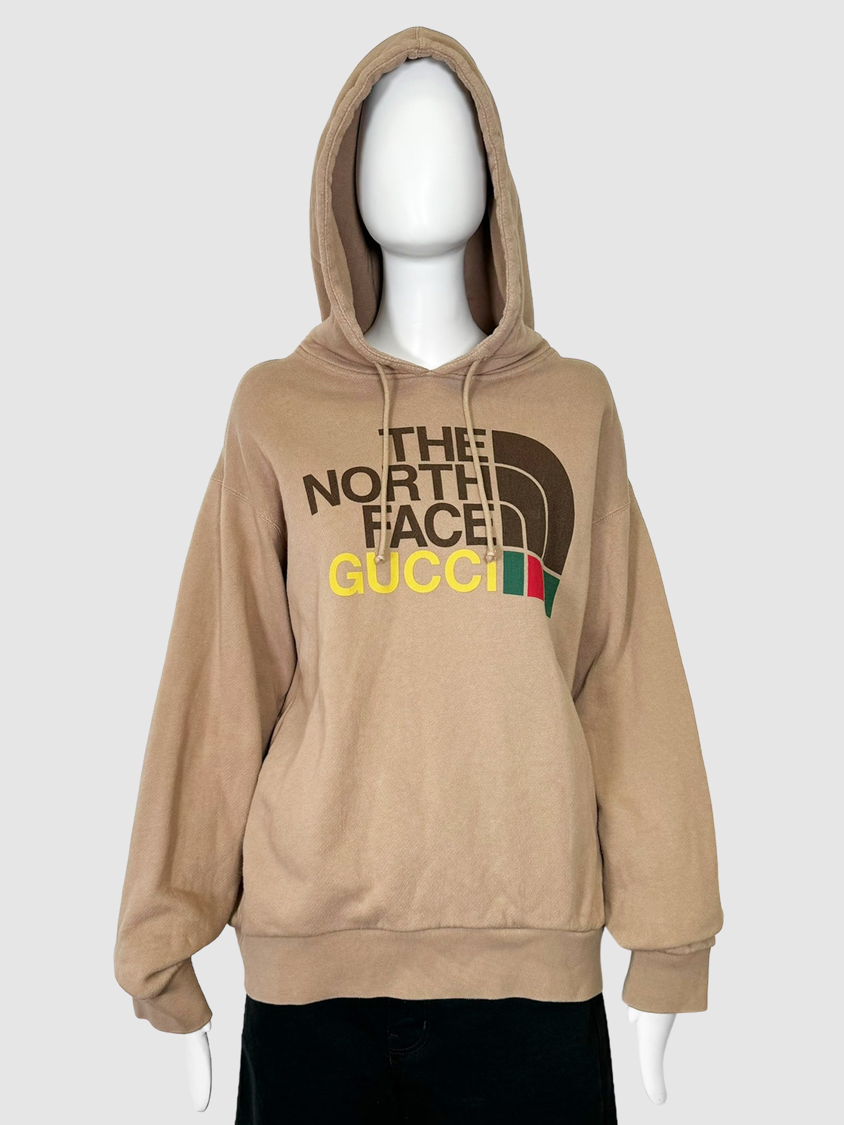 The North Face x Gucci Tan Brown with Dark Brown and Yellow 2021 Cotton Graphic Hoodie Size Small Consignment Secondhand Designer Luxury Resale Toronto Trendy