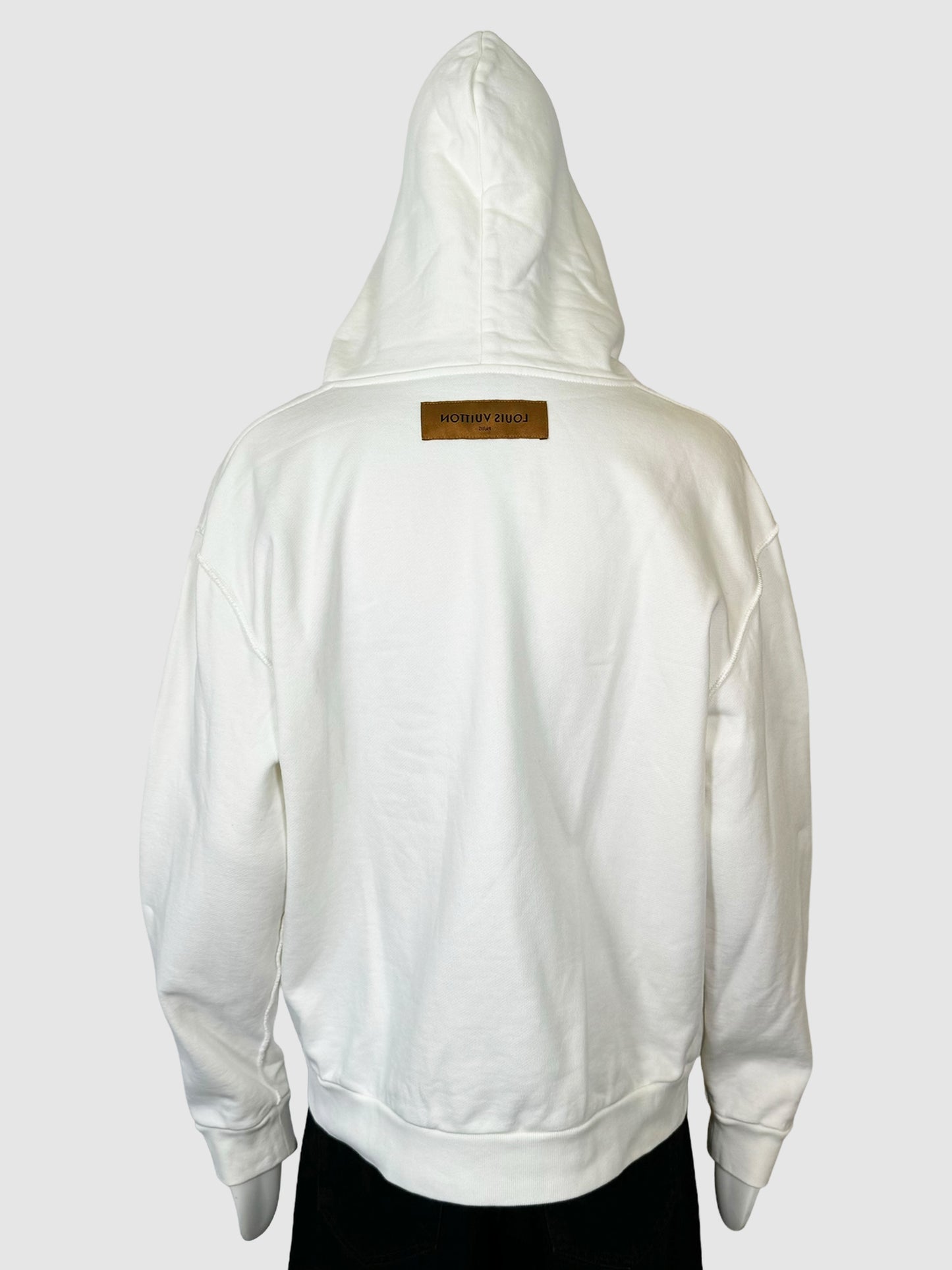 Louis Vuitton White Hoodie with Logo Patch on Back Size Medium Consignment Secondhand Designer Luxury Resale Toronto Trendy