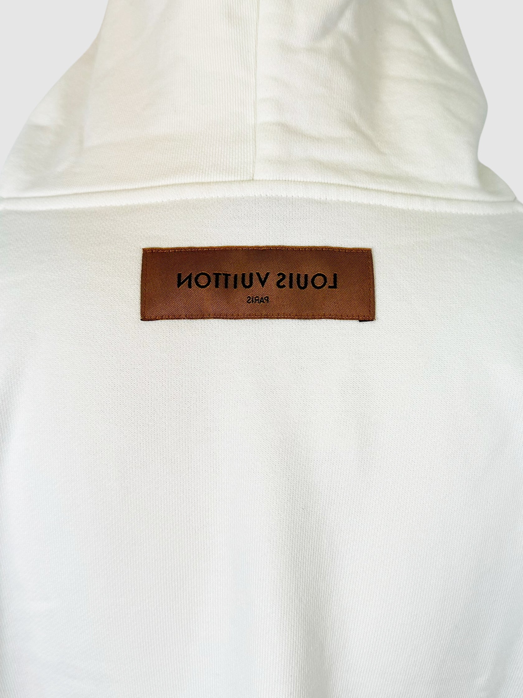 Louis Vuitton White Hoodie with Logo Patch on Back Size Medium Consignment Secondhand Designer Luxury Resale Toronto Trendy