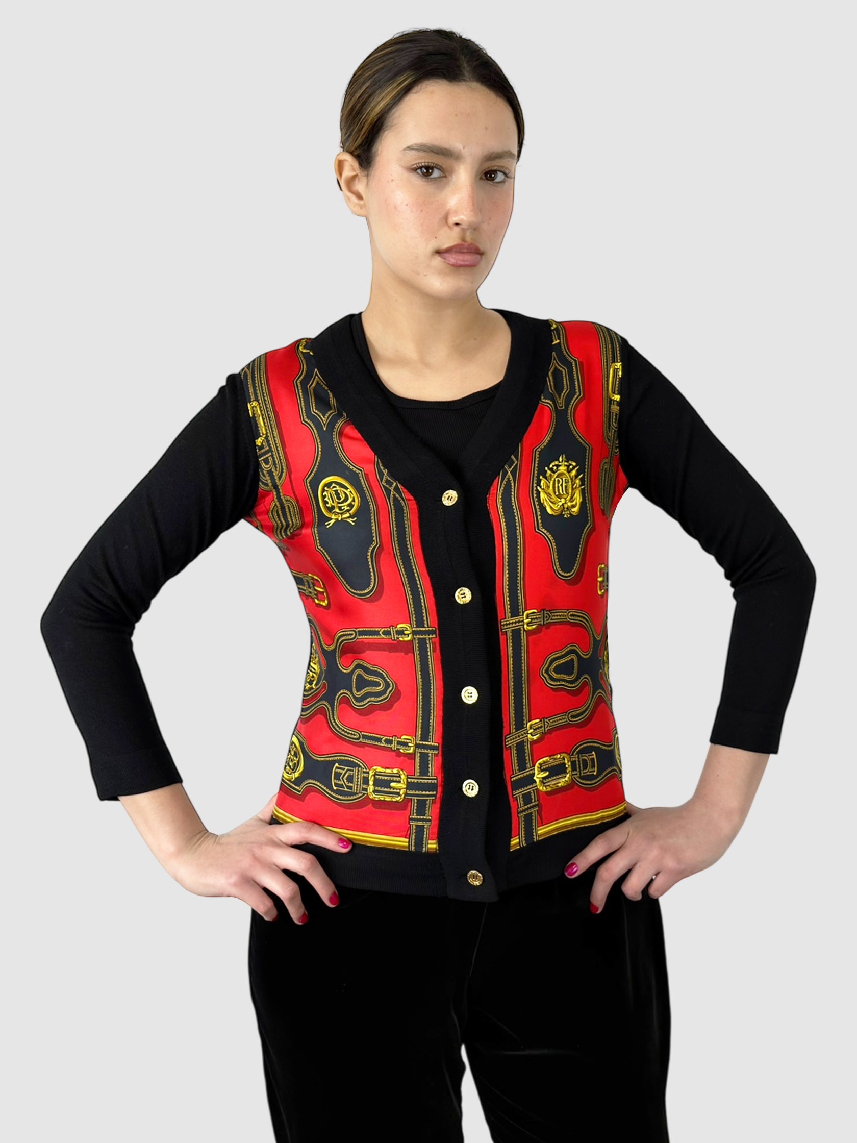 Hermès Black and Red Silk and Wool Belt Scarf Print Button-Up Cardigan - Size Medium luxury designer resale consignment toronto secondhand canada