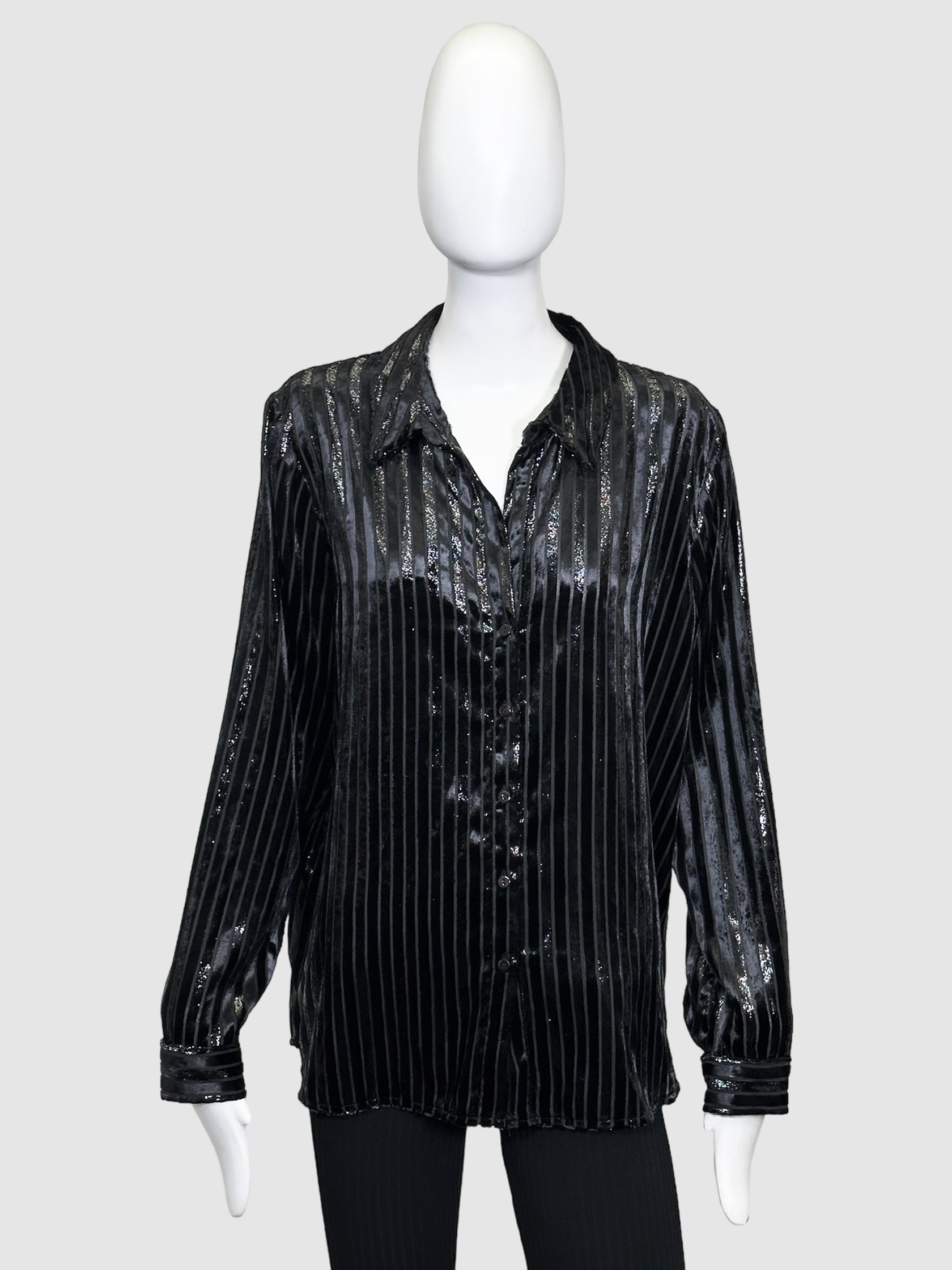 Stripe Satin Button-Up Blouse - Size XL