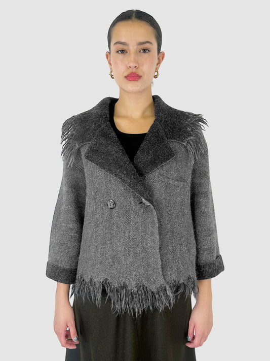 Wool Fringe Trim Double-Breasted Coat - Size M