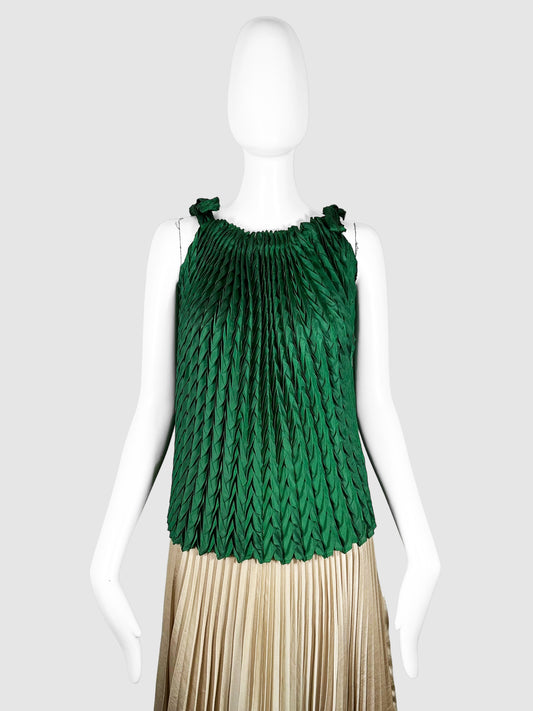 Issey Miyake Green Pleated Sleeveless Tie Strap Top Size 2 Consignment Secondhand Designer Luxury Resale Toronto Trendy