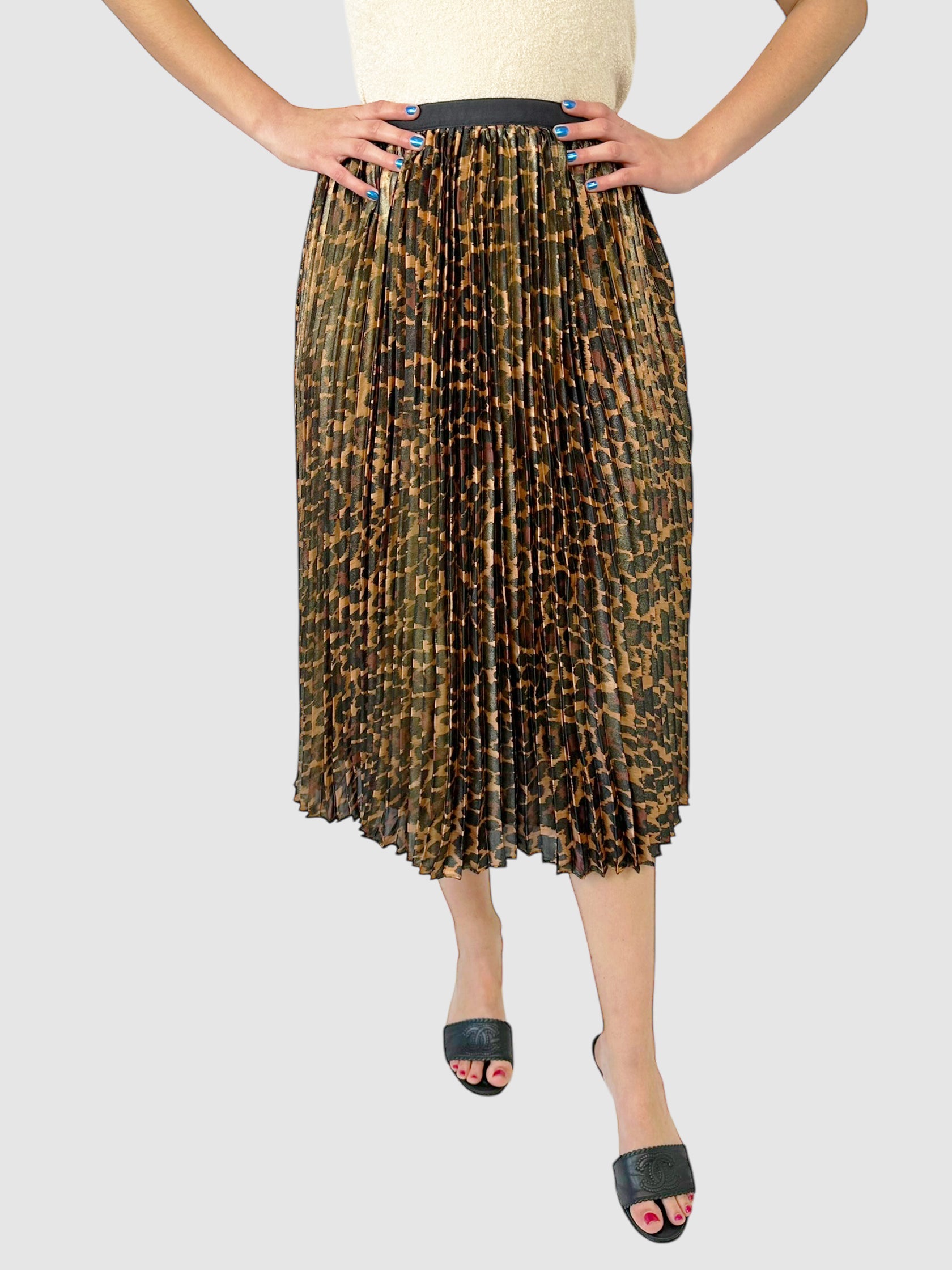 Pleated Leopard Print Midi Skirt - Size 4